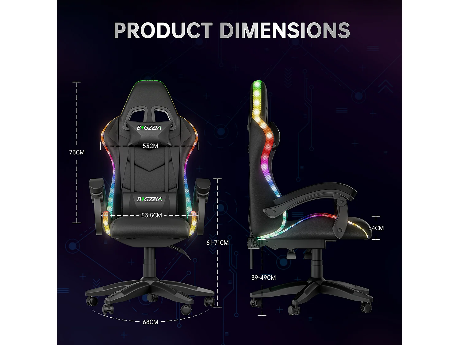 Fauteuil de jeu ergonomique avec effets lumineux LED, dossier réglable en hauteur avec soutien lombaire et appui-tête