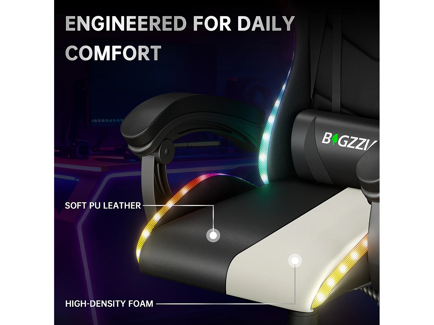 Fauteuil de jeu ergonomique avec effets lumineux LED, dossier réglable en hauteur avec soutien lombaire et appui-tête