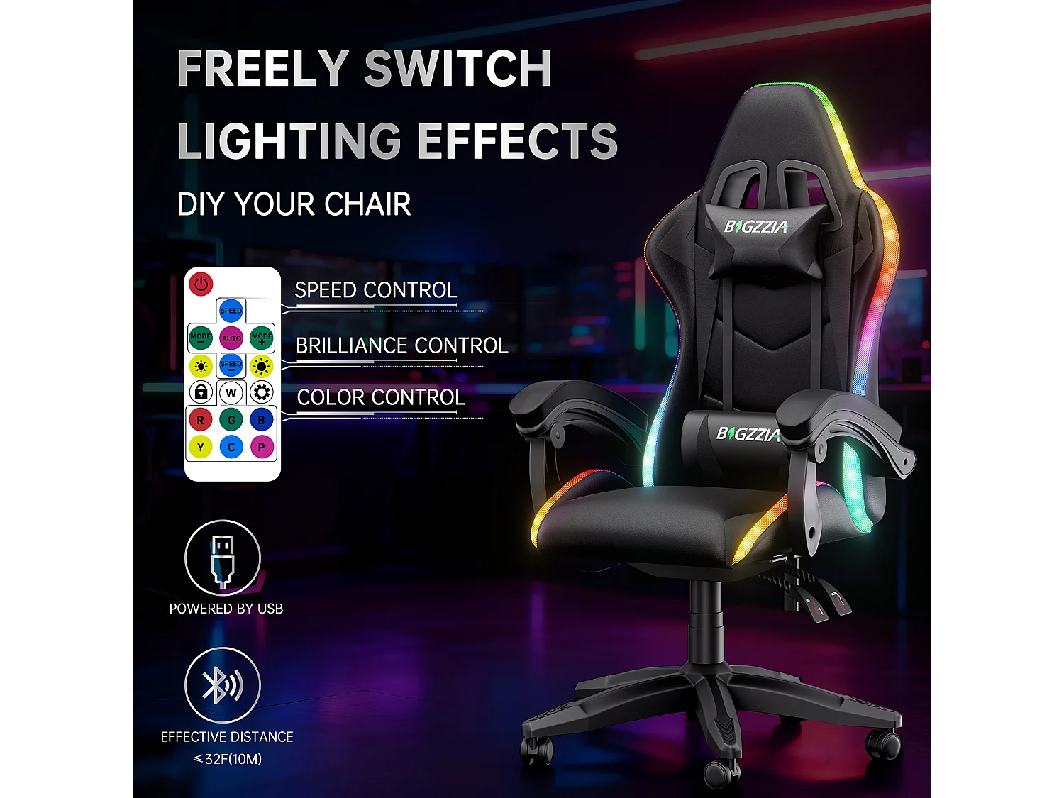 Fauteuil de jeu ergonomique avec effets lumineux LED, dossier réglable en hauteur avec soutien lombaire et appui-tête