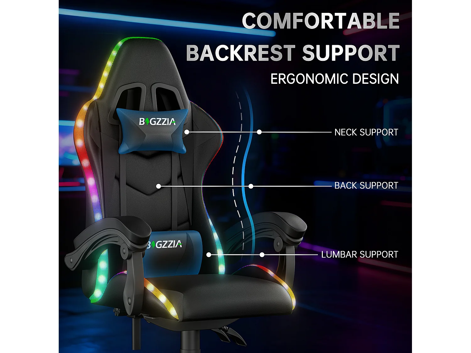 Fauteuil de jeu ergonomique avec effets lumineux LED, dossier réglable en hauteur avec soutien lombaire et appui-tête