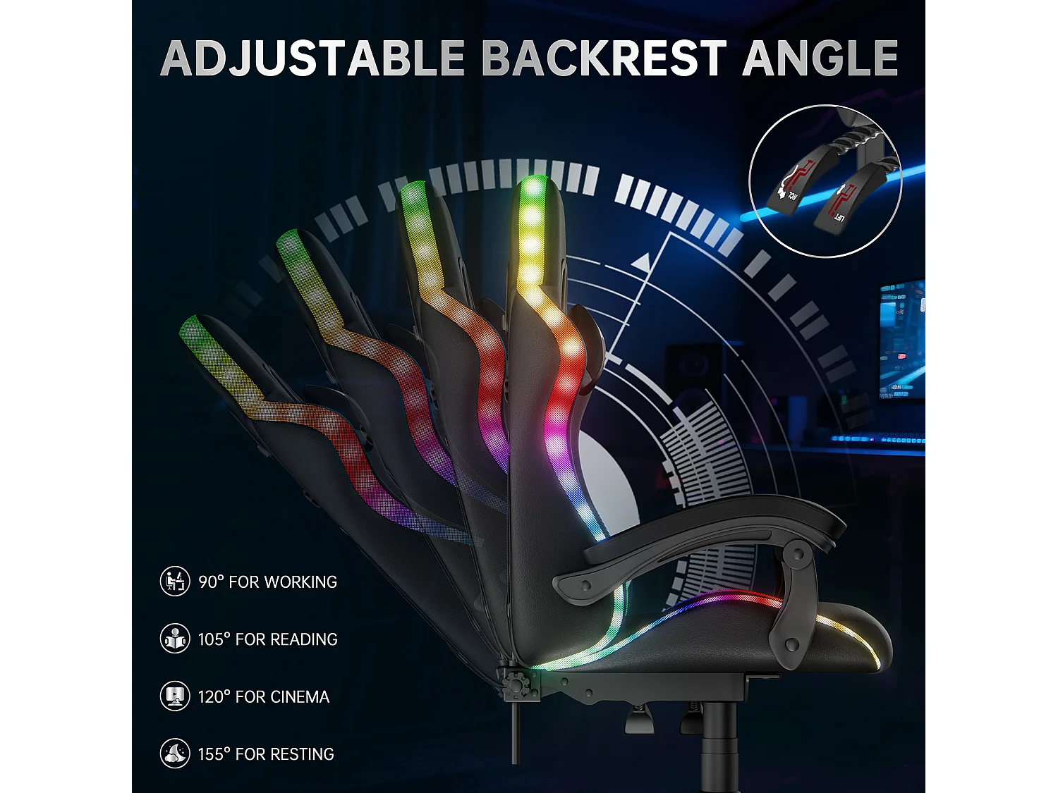 Fauteuil de jeu ergonomique avec effets lumineux LED, dossier réglable en hauteur avec soutien lombaire et appui-tête