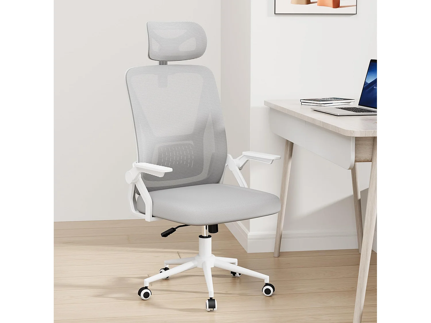 Chaise de bureau à dossier haut en maille, avec appui-tête réglable, accoudoirs rabattables et fonction basculante, pour le travail et les études