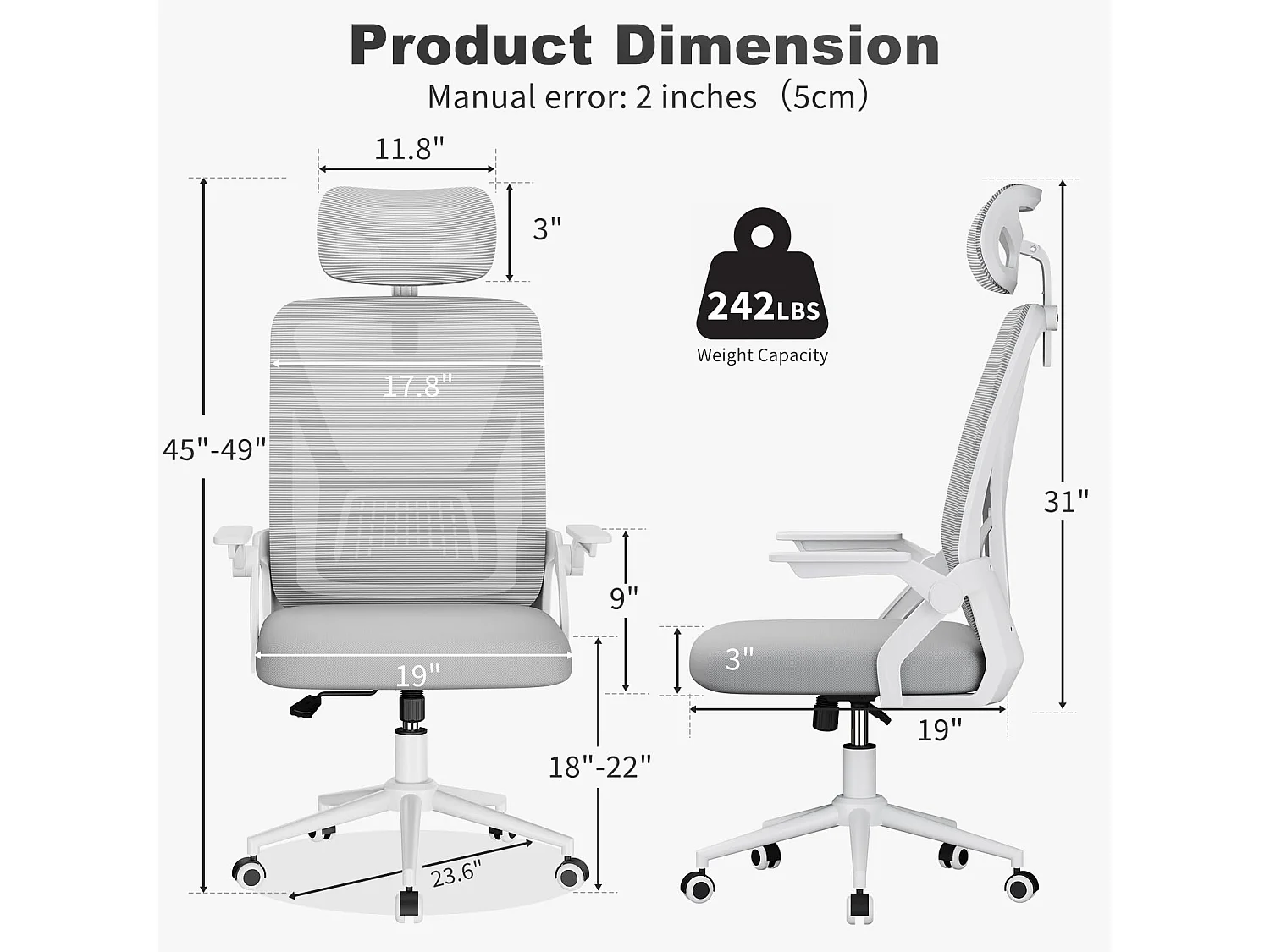 Chaise de bureau à dossier haut en maille, avec appui-tête réglable, accoudoirs rabattables et fonction basculante, pour le travail et les études