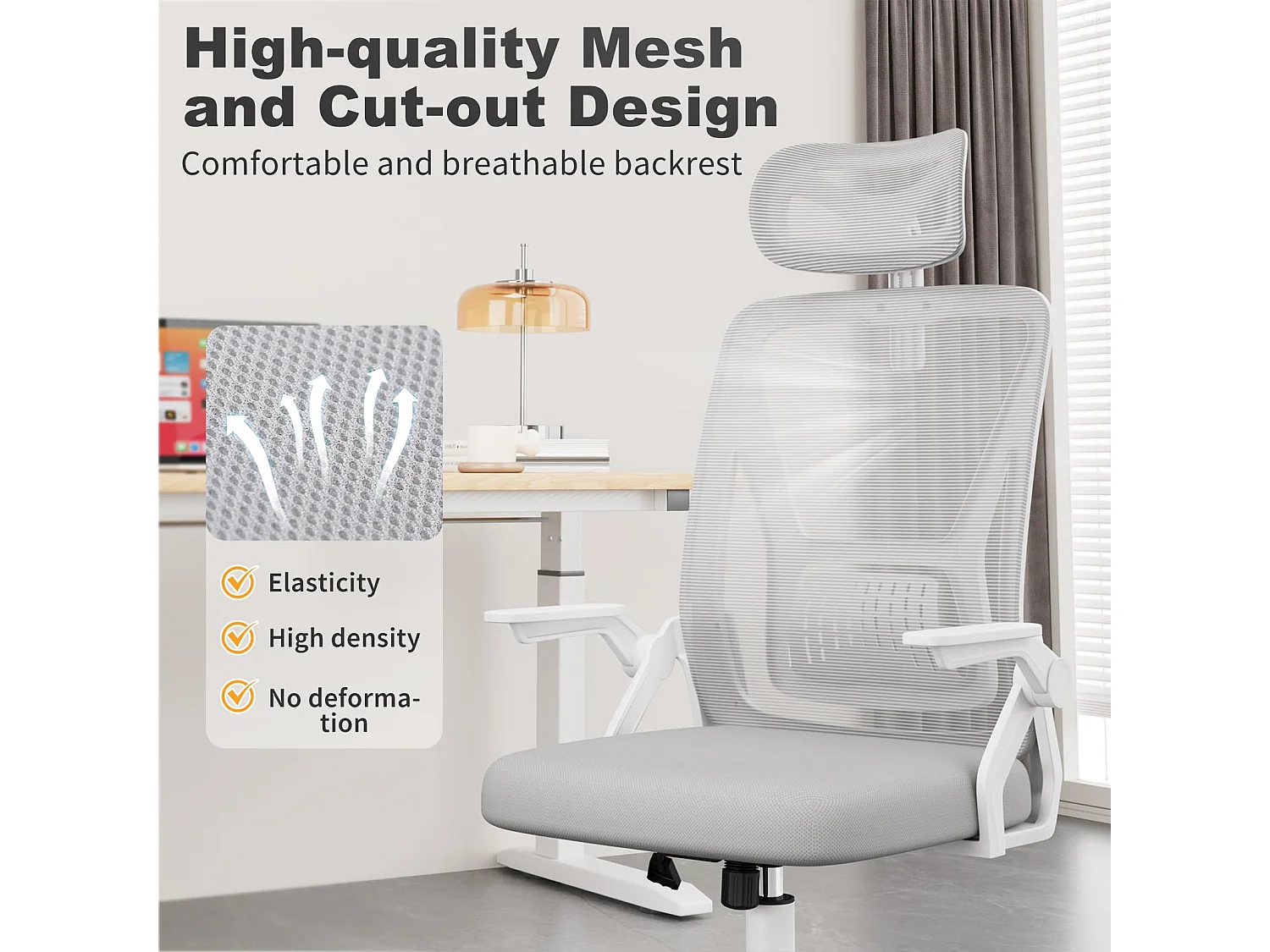 Chaise de bureau à dossier haut en maille, avec appui-tête réglable, accoudoirs rabattables et fonction basculante, pour le travail et les études