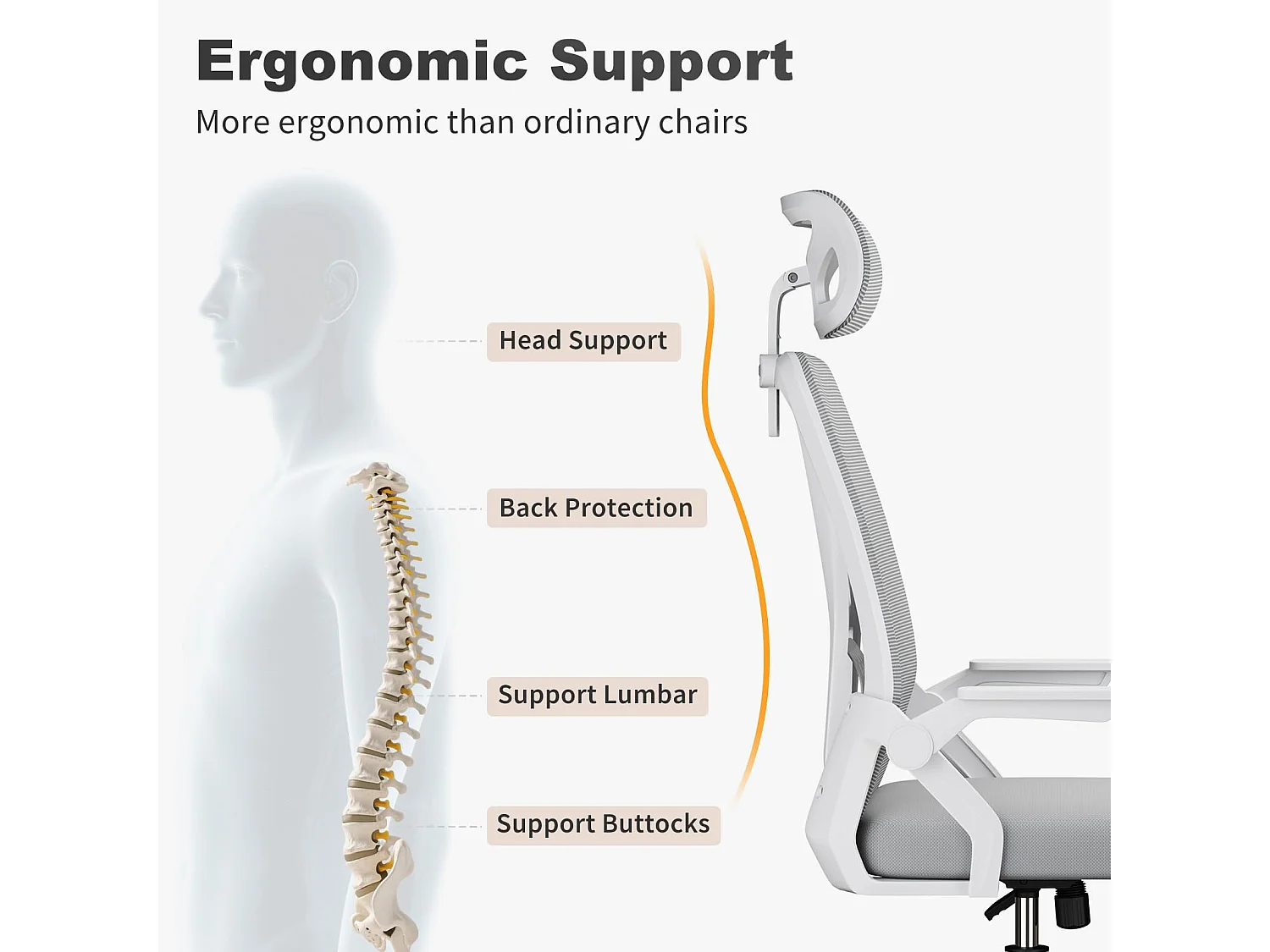 Chaise de bureau à dossier haut en maille, avec appui-tête réglable, accoudoirs rabattables et fonction basculante, pour le travail et les études