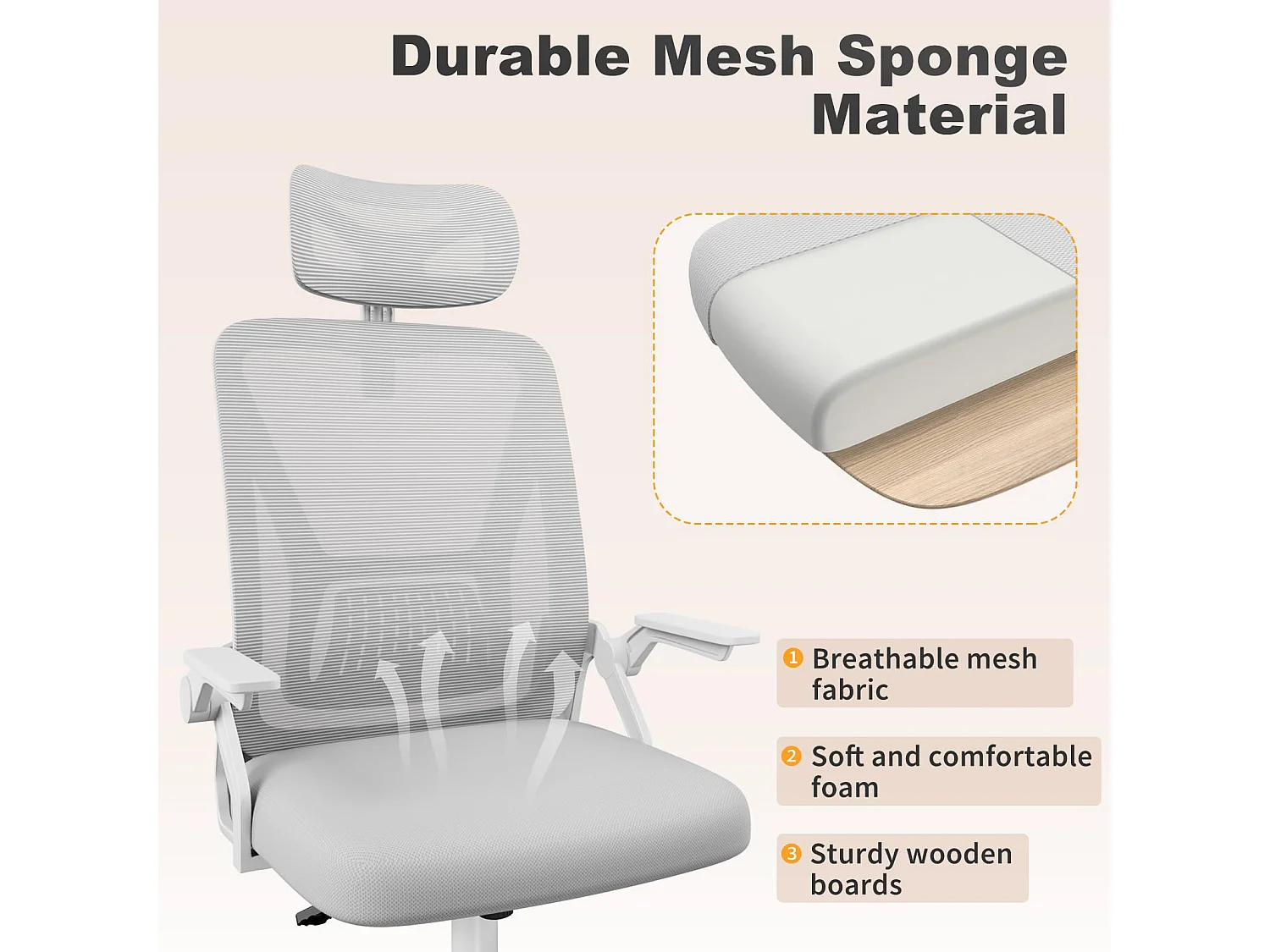 Chaise de bureau à dossier haut en maille, avec appui-tête réglable, accoudoirs rabattables et fonction basculante, pour le travail et les études