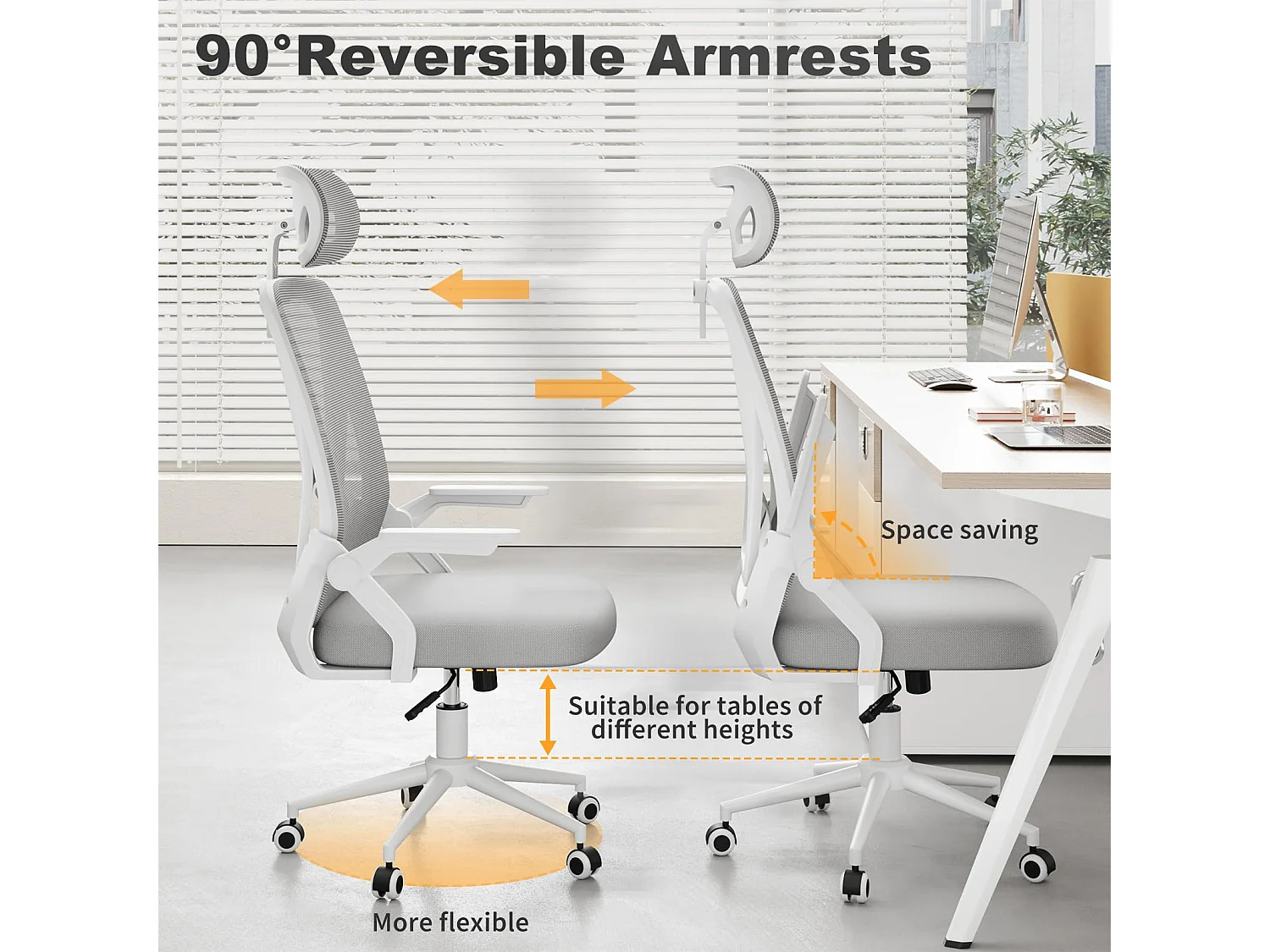 Chaise de bureau à dossier haut en maille, avec appui-tête réglable, accoudoirs rabattables et fonction basculante, pour le travail et les études