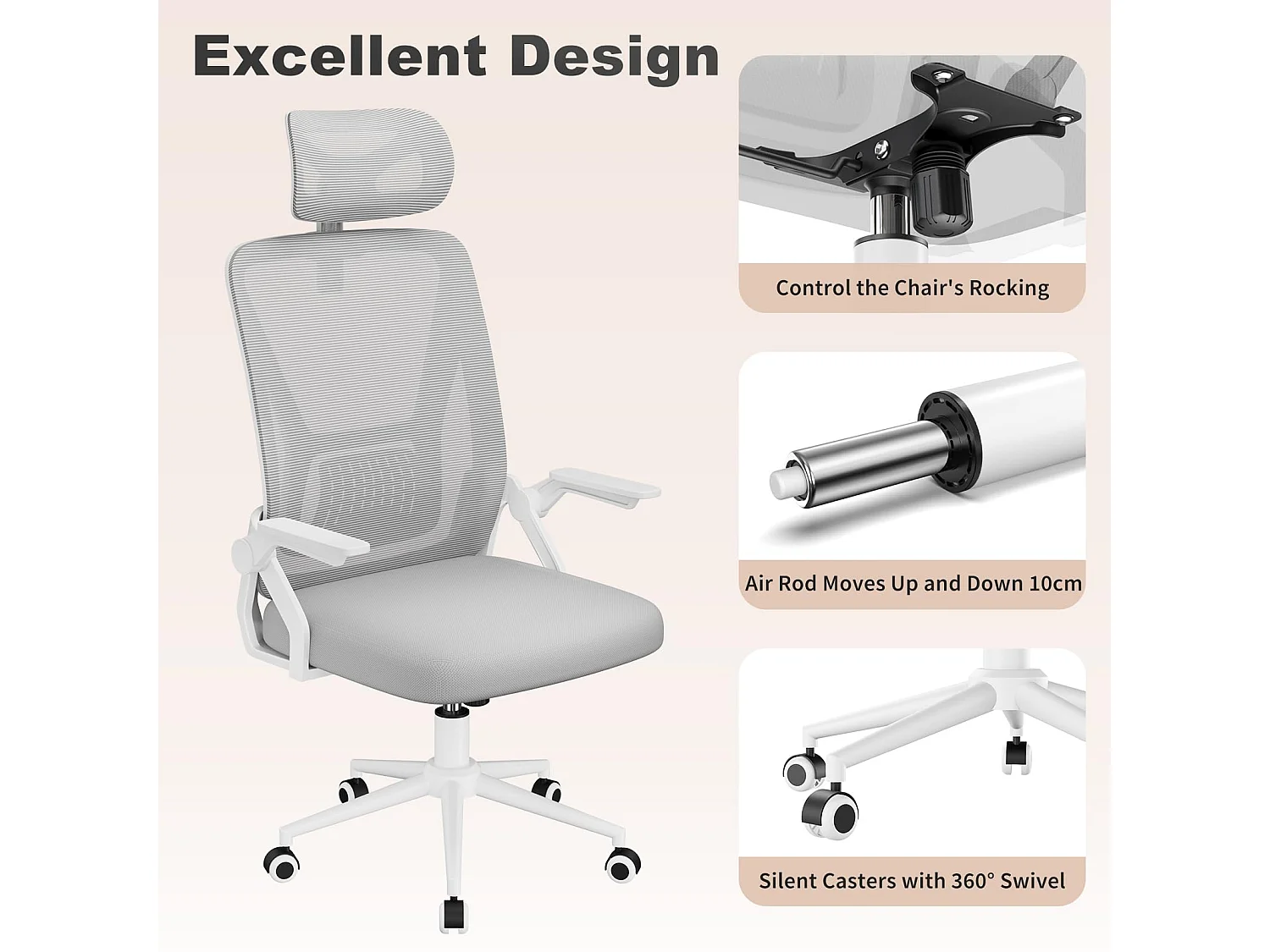 Chaise de bureau à dossier haut en maille, avec appui-tête réglable, accoudoirs rabattables et fonction basculante, pour le travail et les études