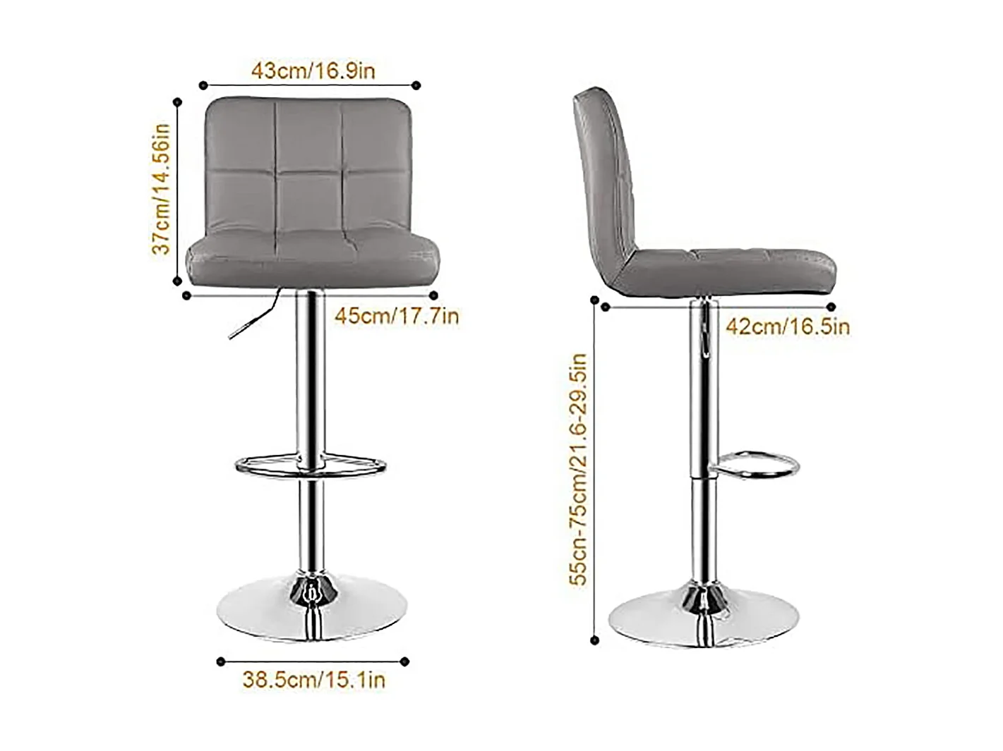 Lot de 2 tabourets de bar — pivotants à 360°, rembourrés, à hauteur réglable