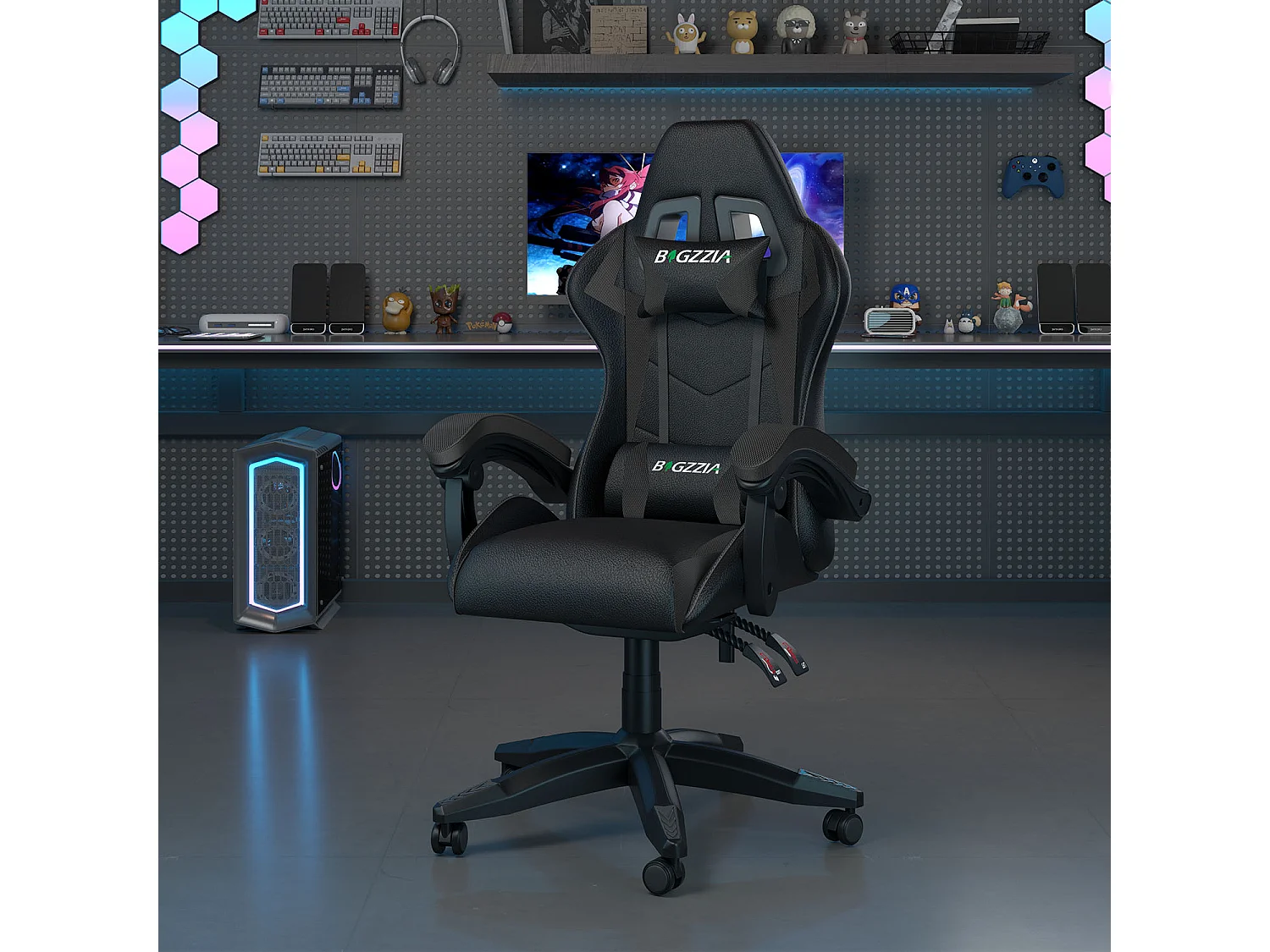 Fauteuil de gaming inclinable à dossier haut en cuir PU, avec appui-tête et soutien lombaire