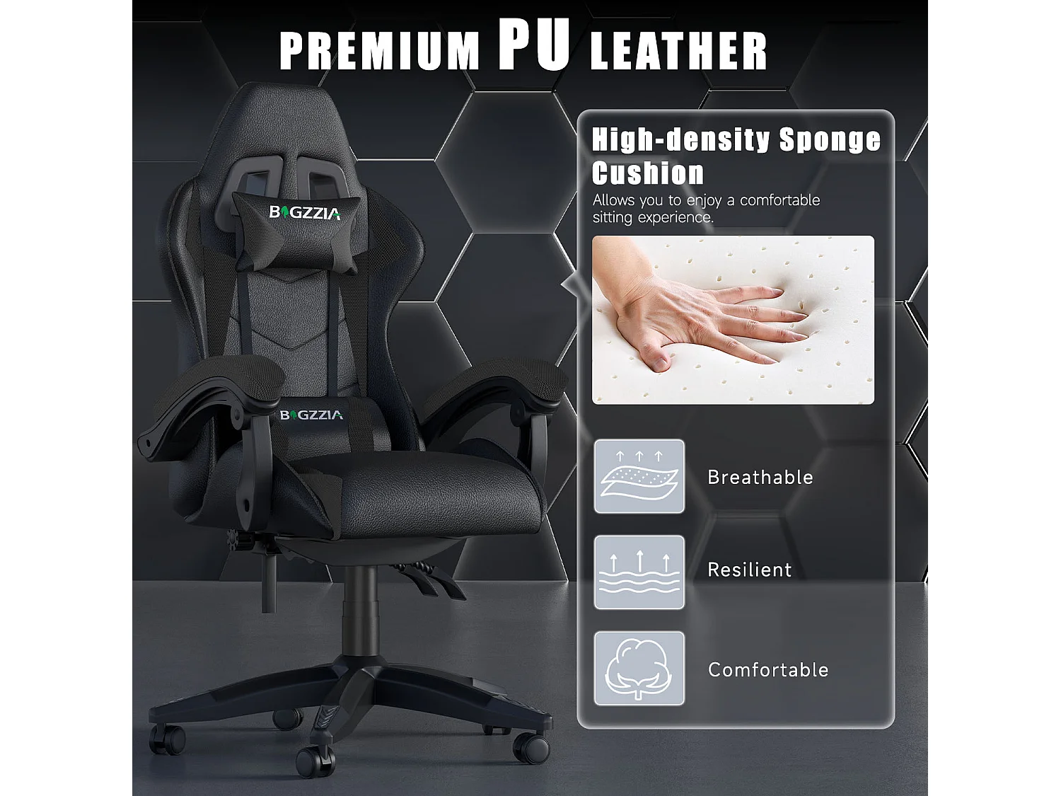 Fauteuil de gaming inclinable à dossier haut en cuir PU, avec appui-tête et soutien lombaire