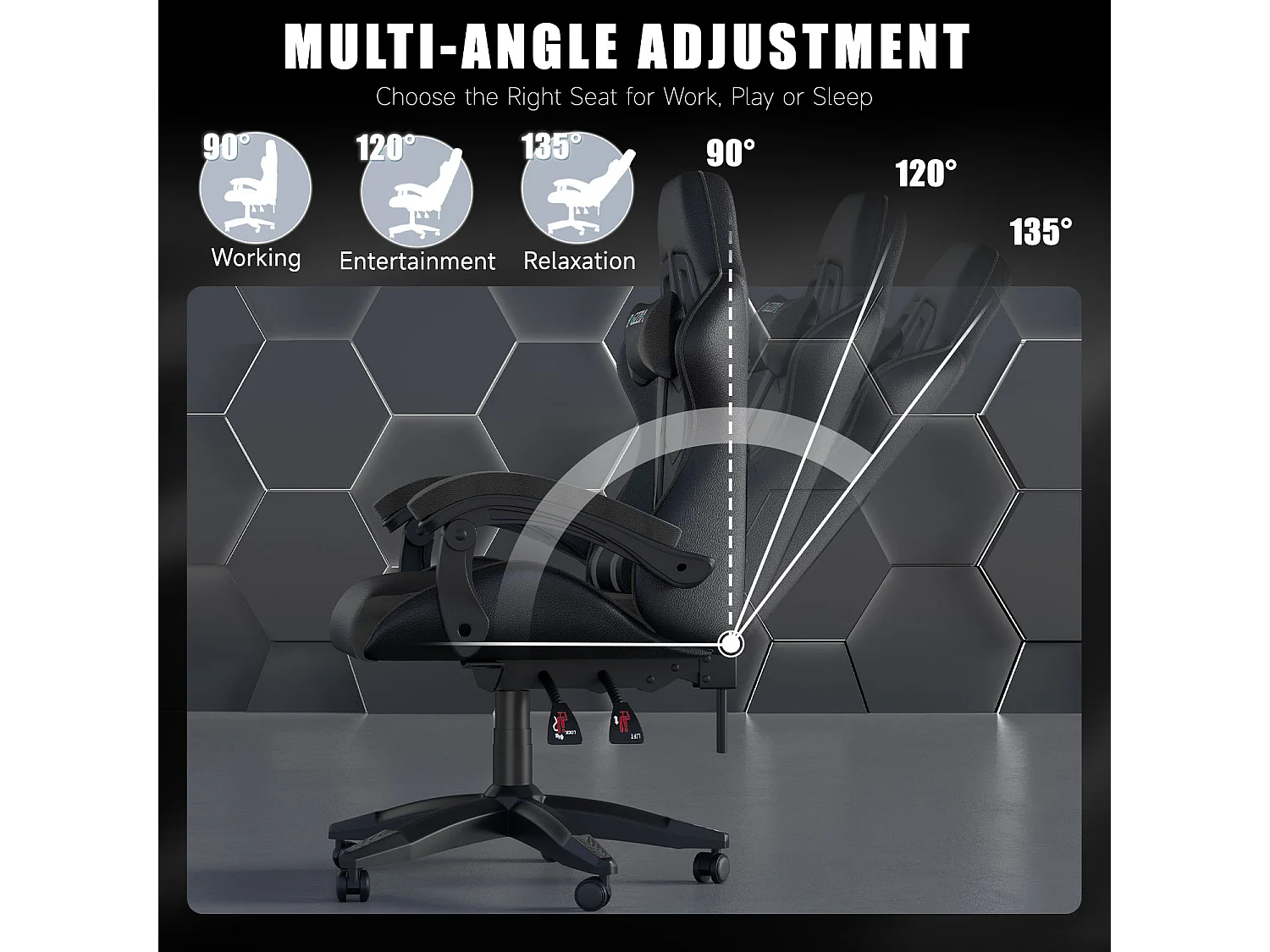 Fauteuil de gaming inclinable à dossier haut en cuir PU, avec appui-tête et soutien lombaire