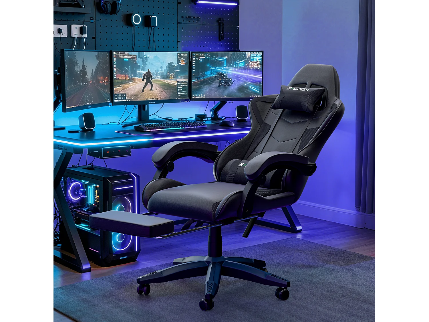 Rattantree Fauteuil de gaming réglable en hauteur avec repose-pieds et coussin lombaire