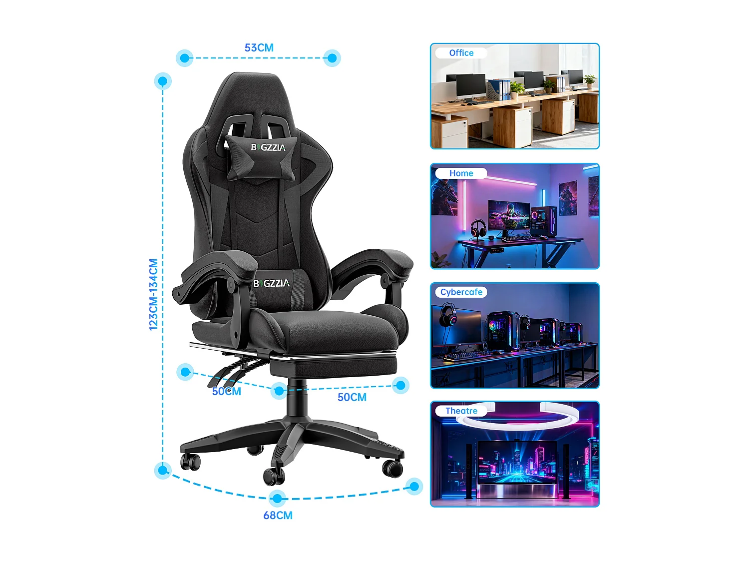 Rattantree Fauteuil de gaming réglable en hauteur avec repose-pieds et coussin lombaire