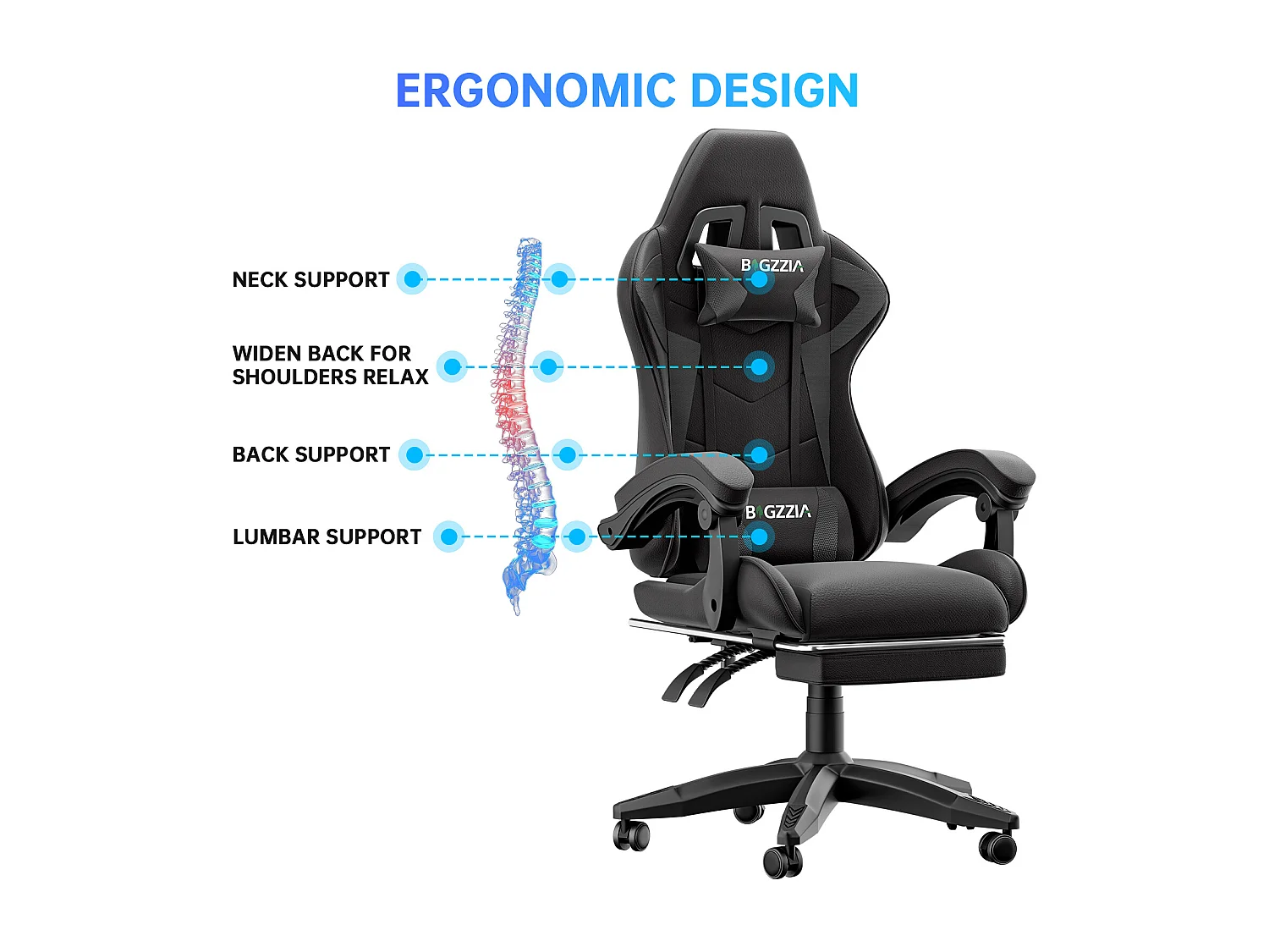 Rattantree Fauteuil de gaming réglable en hauteur avec repose-pieds et coussin lombaire