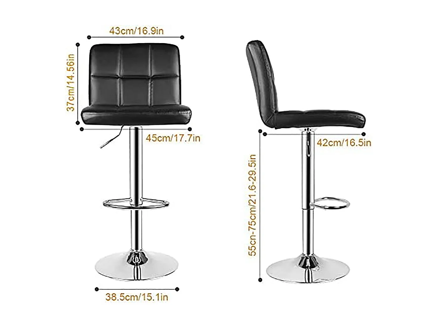 Lot de 2 tabourets de bar — pivotants à 360°, rembourrés, à hauteur réglable