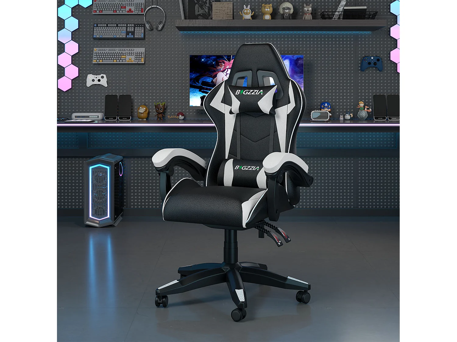 Fauteuil de gaming inclinable à dossier haut en cuir PU, avec appui-tête et soutien lombaire