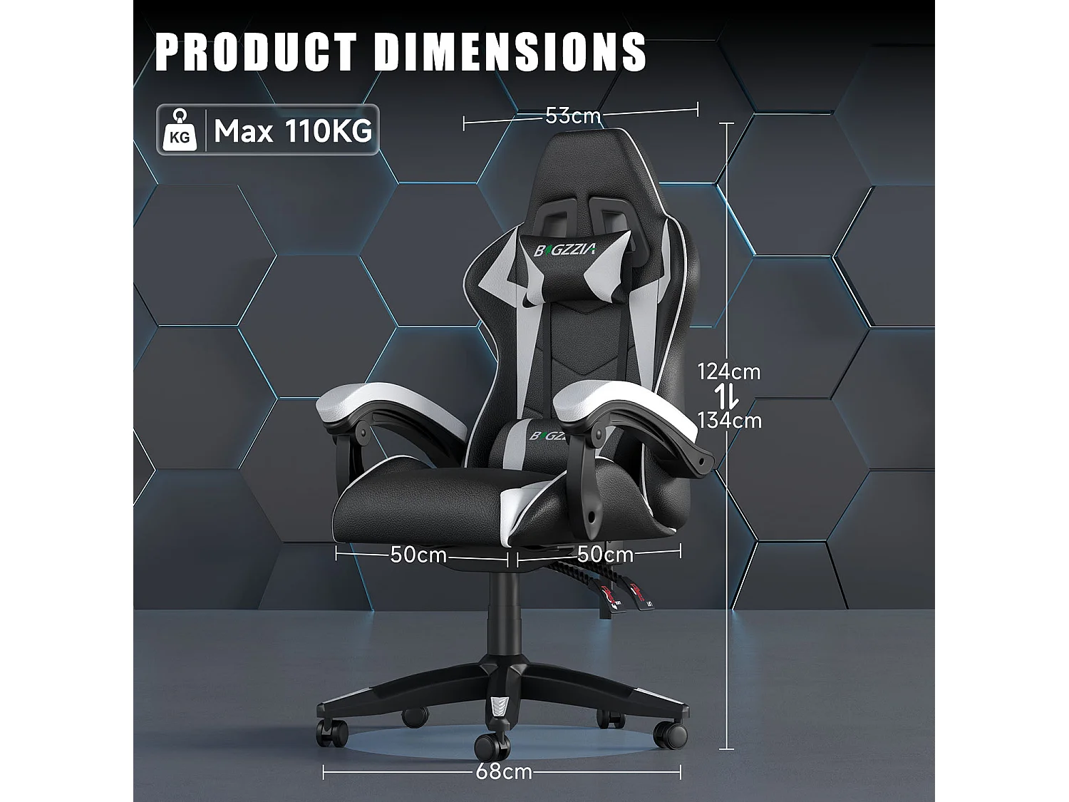 Fauteuil de gaming inclinable à dossier haut en cuir PU, avec appui-tête et soutien lombaire