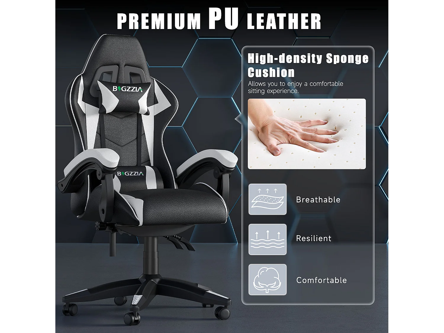 Fauteuil de gaming inclinable à dossier haut en cuir PU, avec appui-tête et soutien lombaire