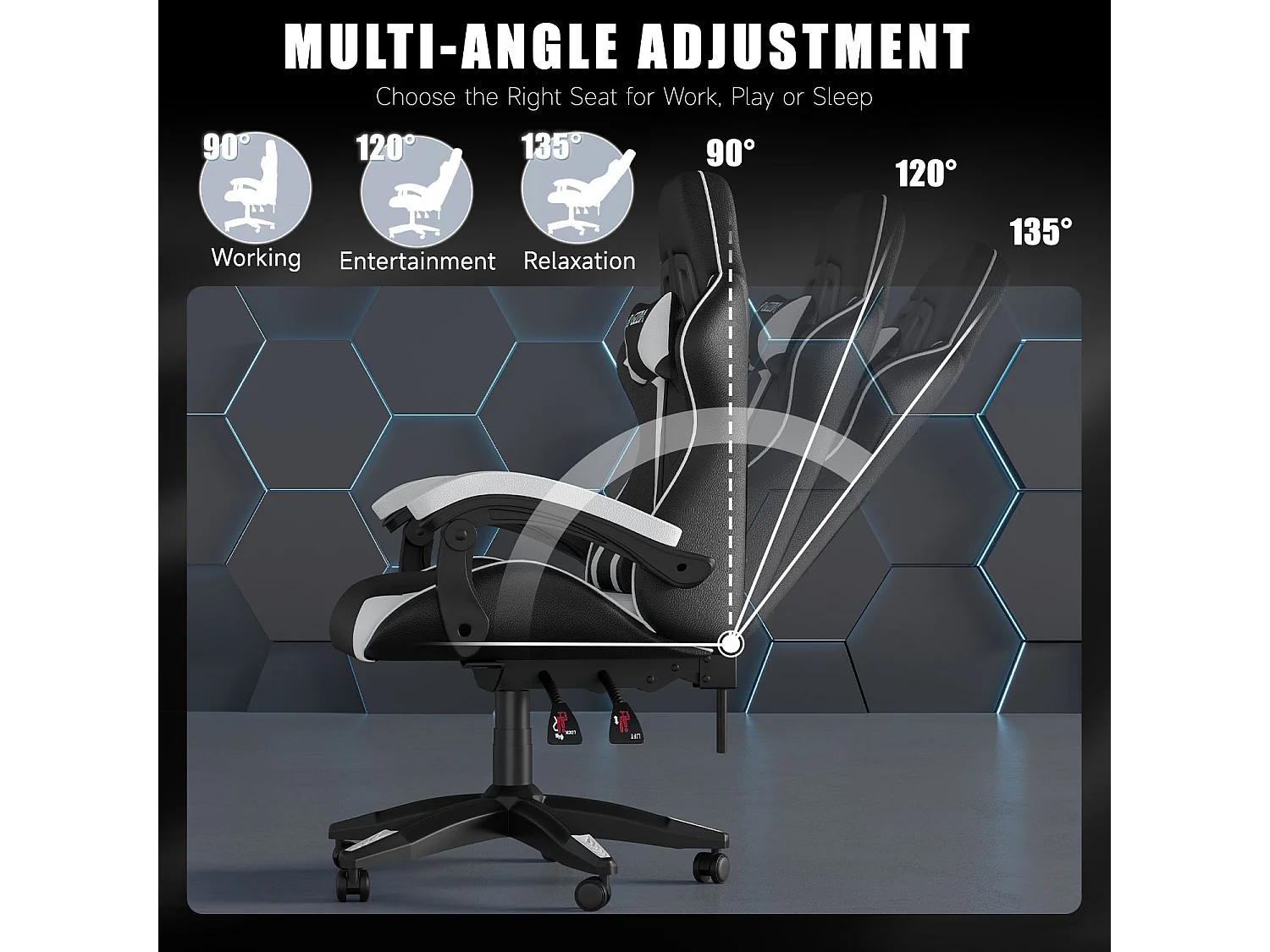 Fauteuil de gaming inclinable à dossier haut en cuir PU, avec appui-tête et soutien lombaire