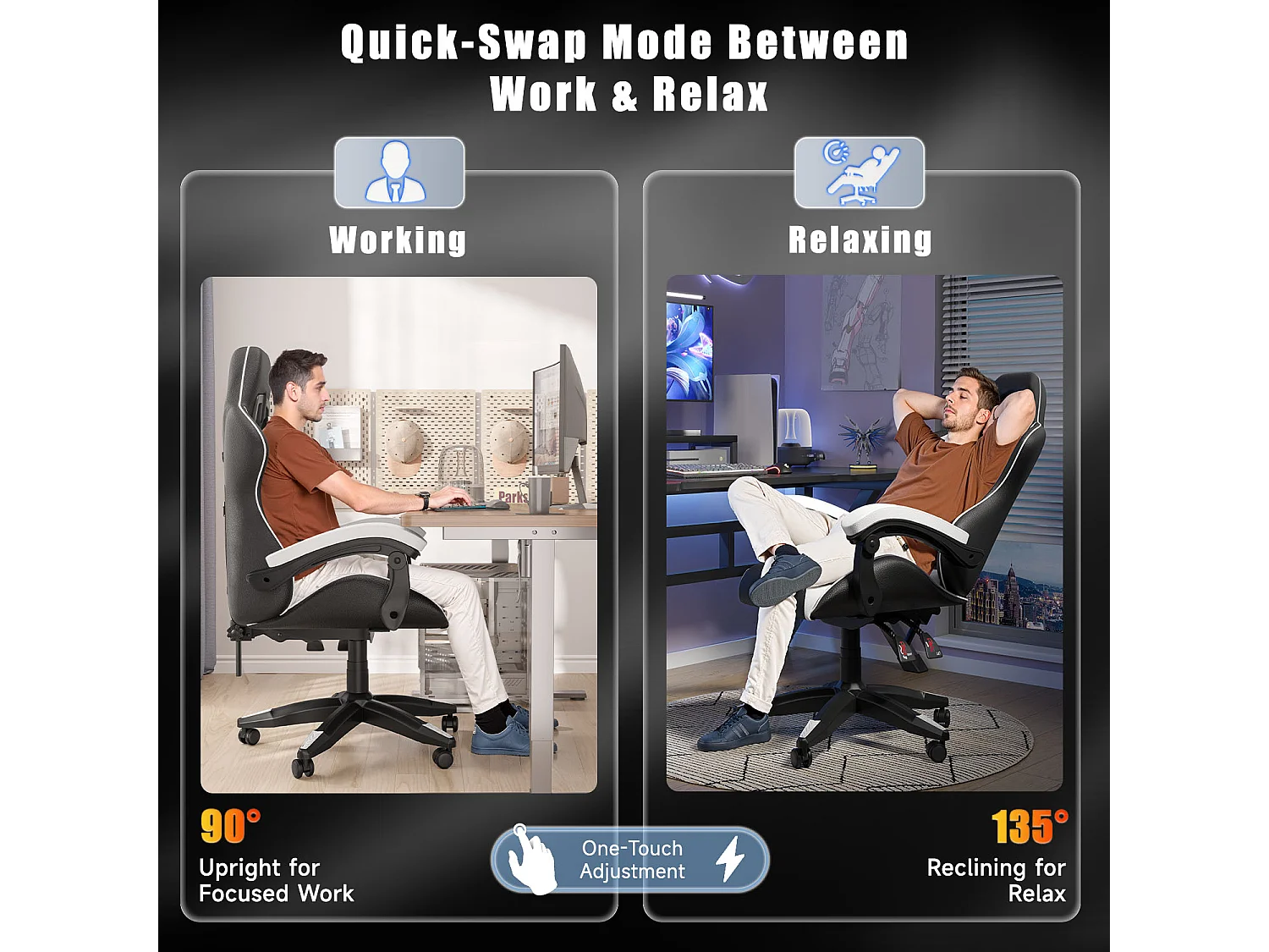 Fauteuil de gaming inclinable à dossier haut en cuir PU, avec appui-tête et soutien lombaire