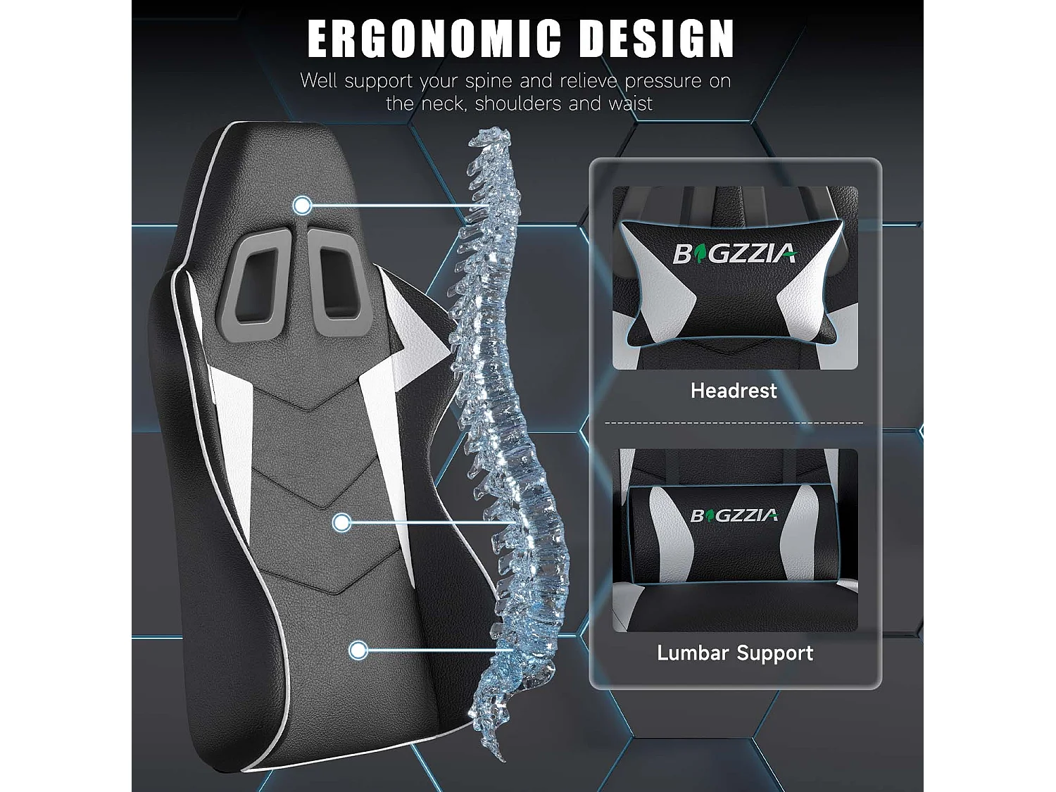 Fauteuil de gaming inclinable à dossier haut en cuir PU, avec appui-tête et soutien lombaire