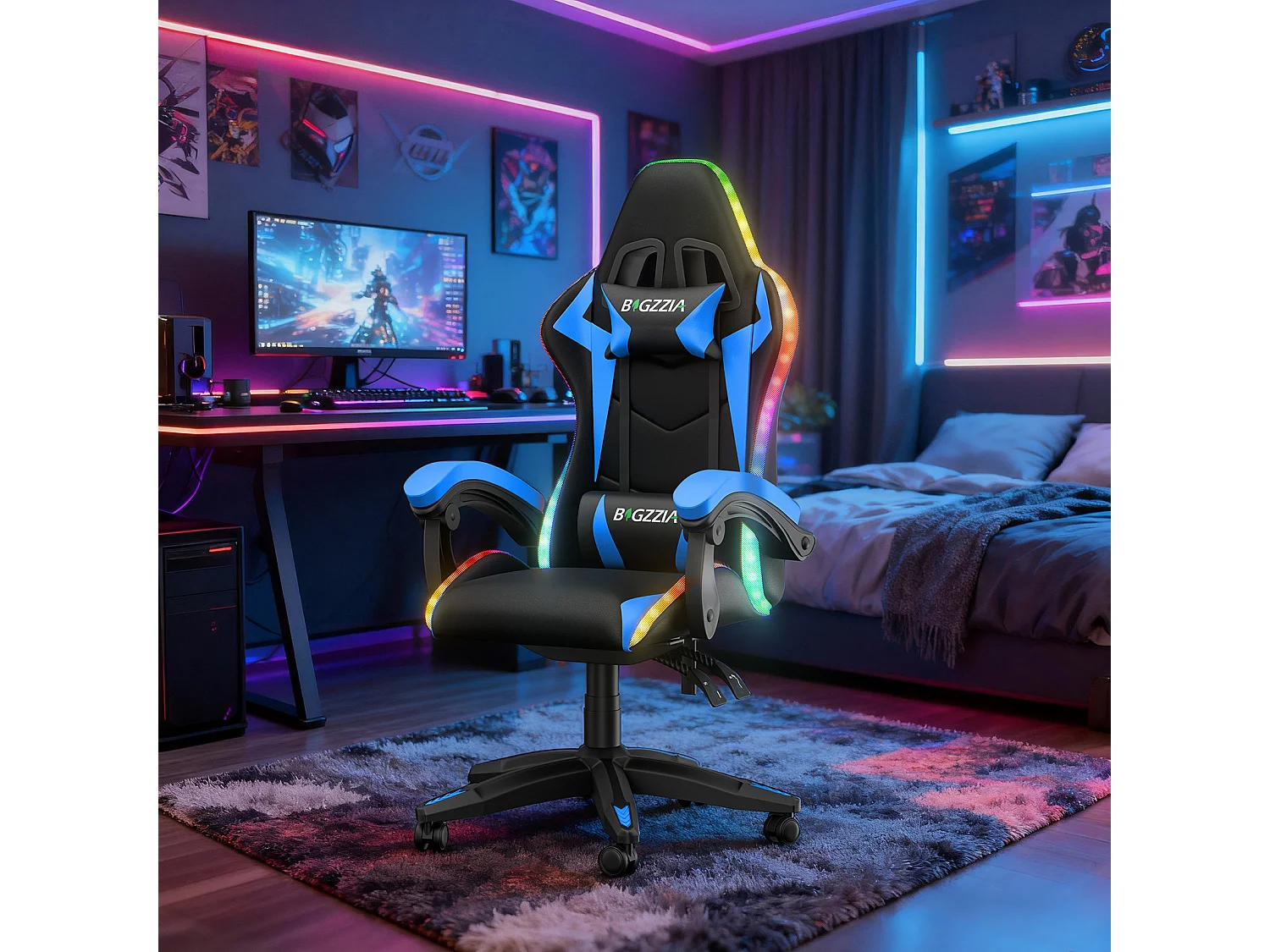 Fauteuil de jeu ergonomique avec effets lumineux LED, dossier réglable en hauteur avec soutien lombaire et appui-tête