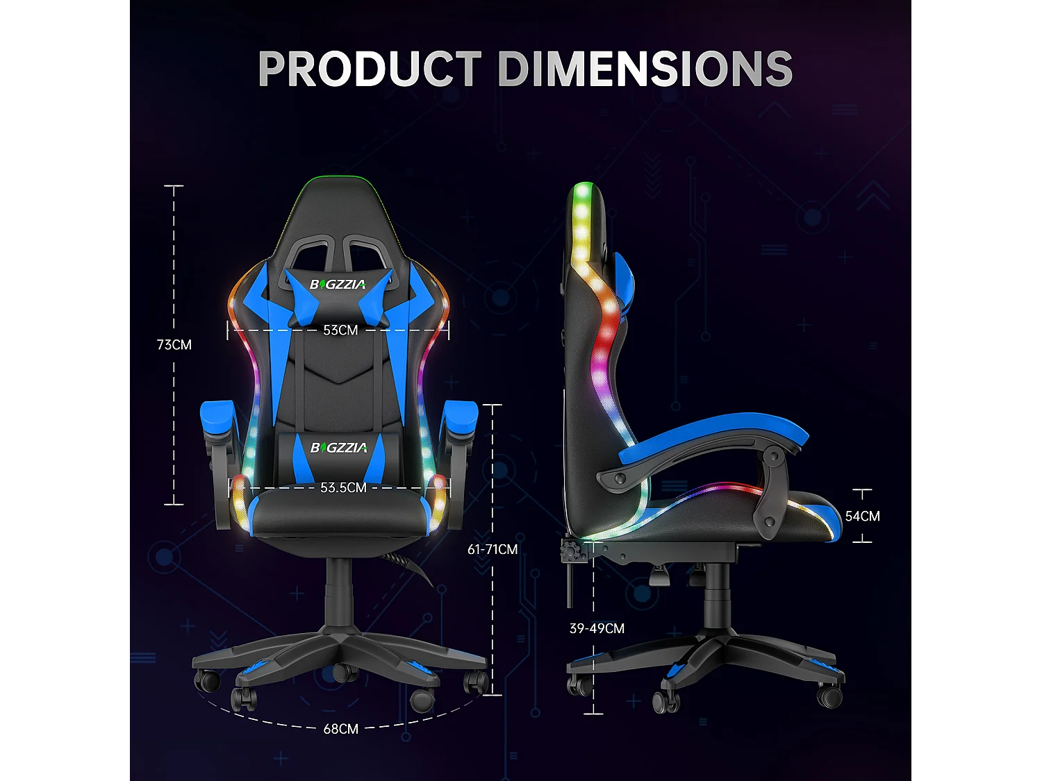 Fauteuil de jeu ergonomique avec effets lumineux LED, dossier réglable en hauteur avec soutien lombaire et appui-tête