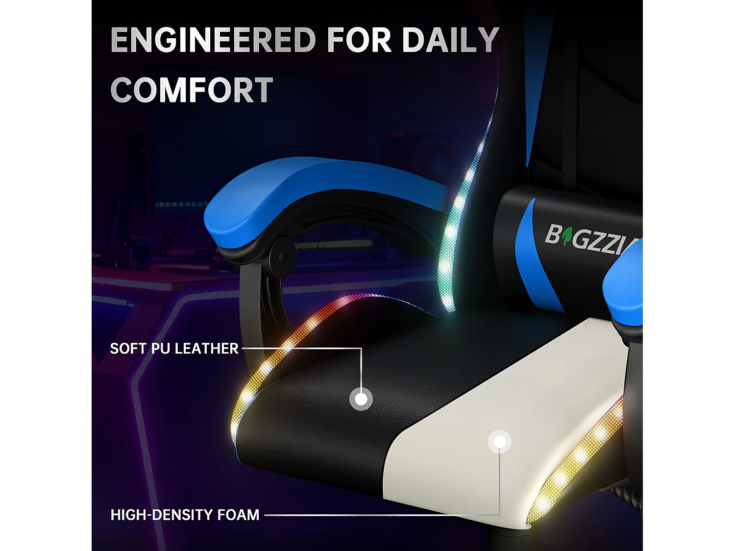Fauteuil de jeu ergonomique avec effets lumineux LED, dossier réglable en hauteur avec soutien lombaire et appui-tête