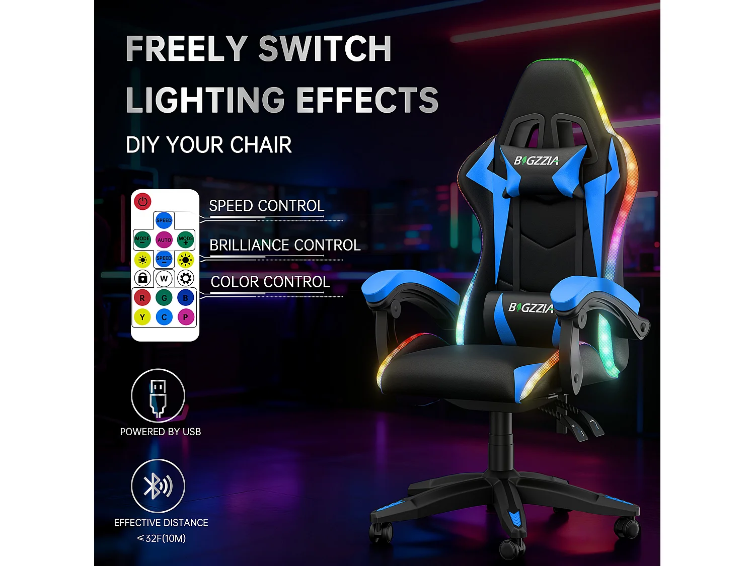 Fauteuil de jeu ergonomique avec effets lumineux LED, dossier réglable en hauteur avec soutien lombaire et appui-tête