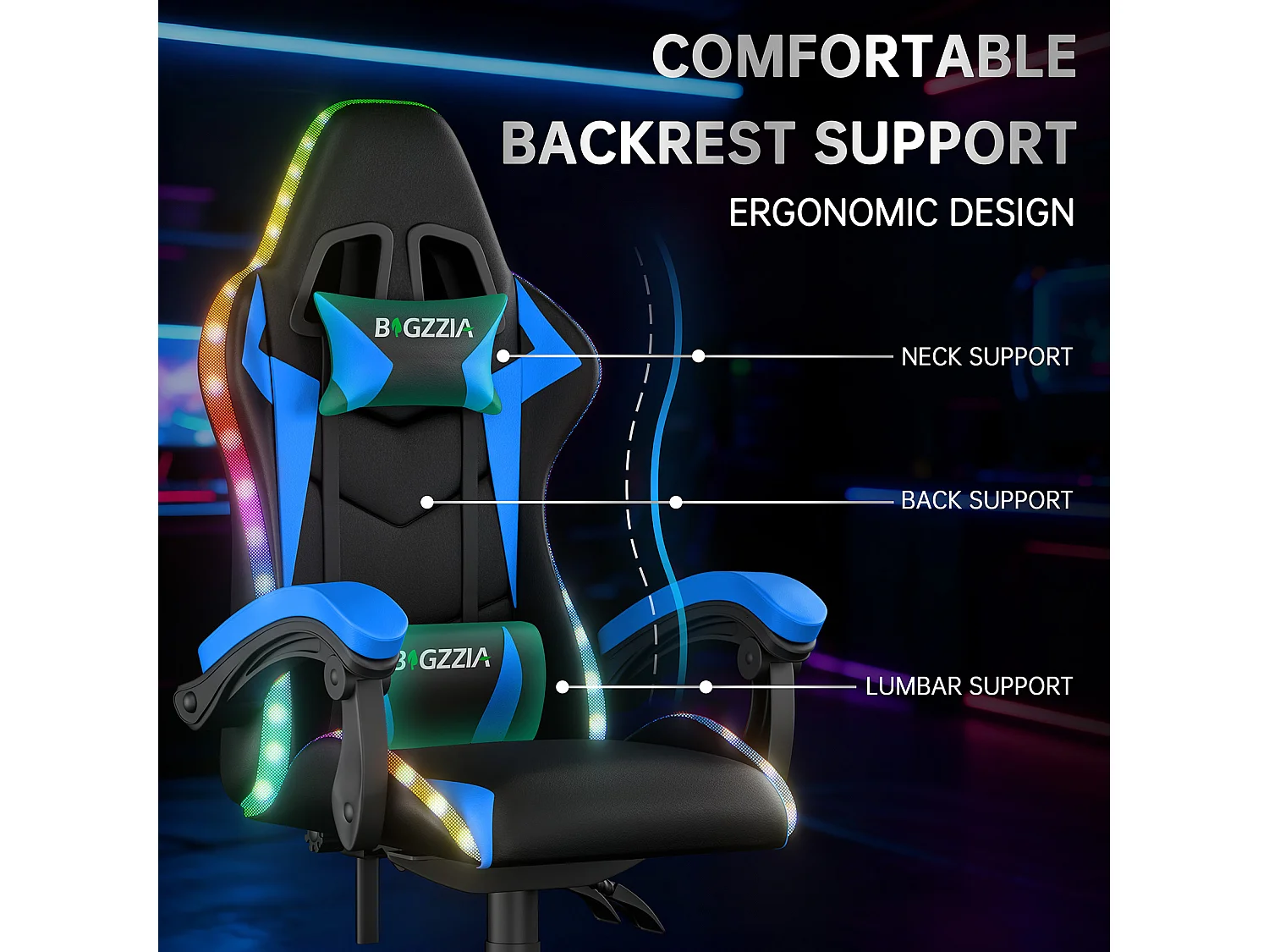 Fauteuil de jeu ergonomique avec effets lumineux LED, dossier réglable en hauteur avec soutien lombaire et appui-tête