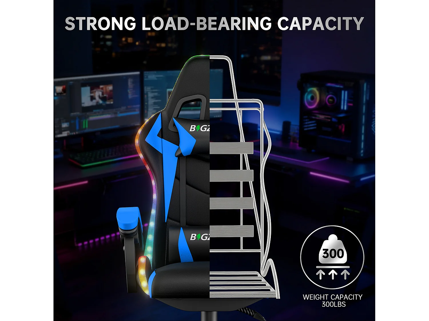 Fauteuil de jeu ergonomique avec effets lumineux LED, dossier réglable en hauteur avec soutien lombaire et appui-tête