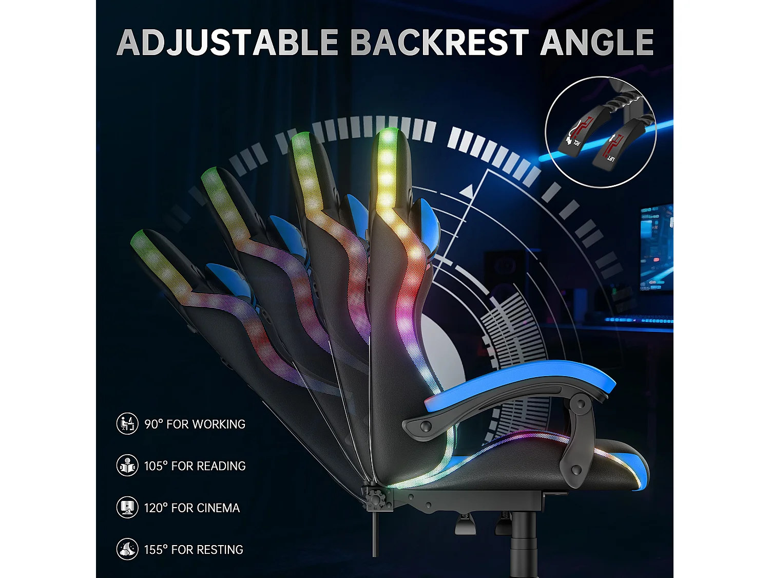 Fauteuil de jeu ergonomique avec effets lumineux LED, dossier réglable en hauteur avec soutien lombaire et appui-tête