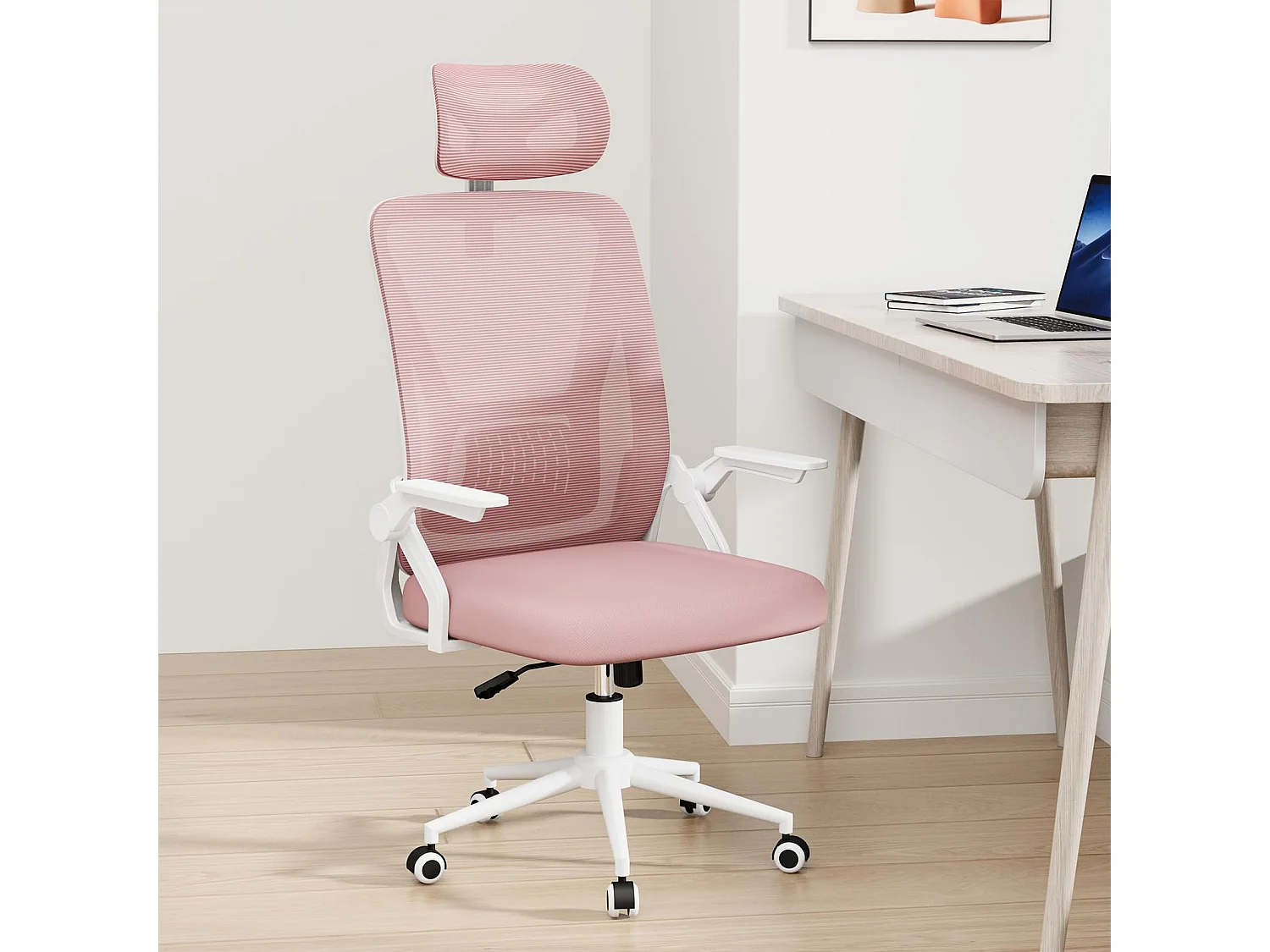 Chaise de bureau à dossier haut en maille, avec appui-tête réglable, accoudoirs rabattables et fonction basculante, pour le travail et les études