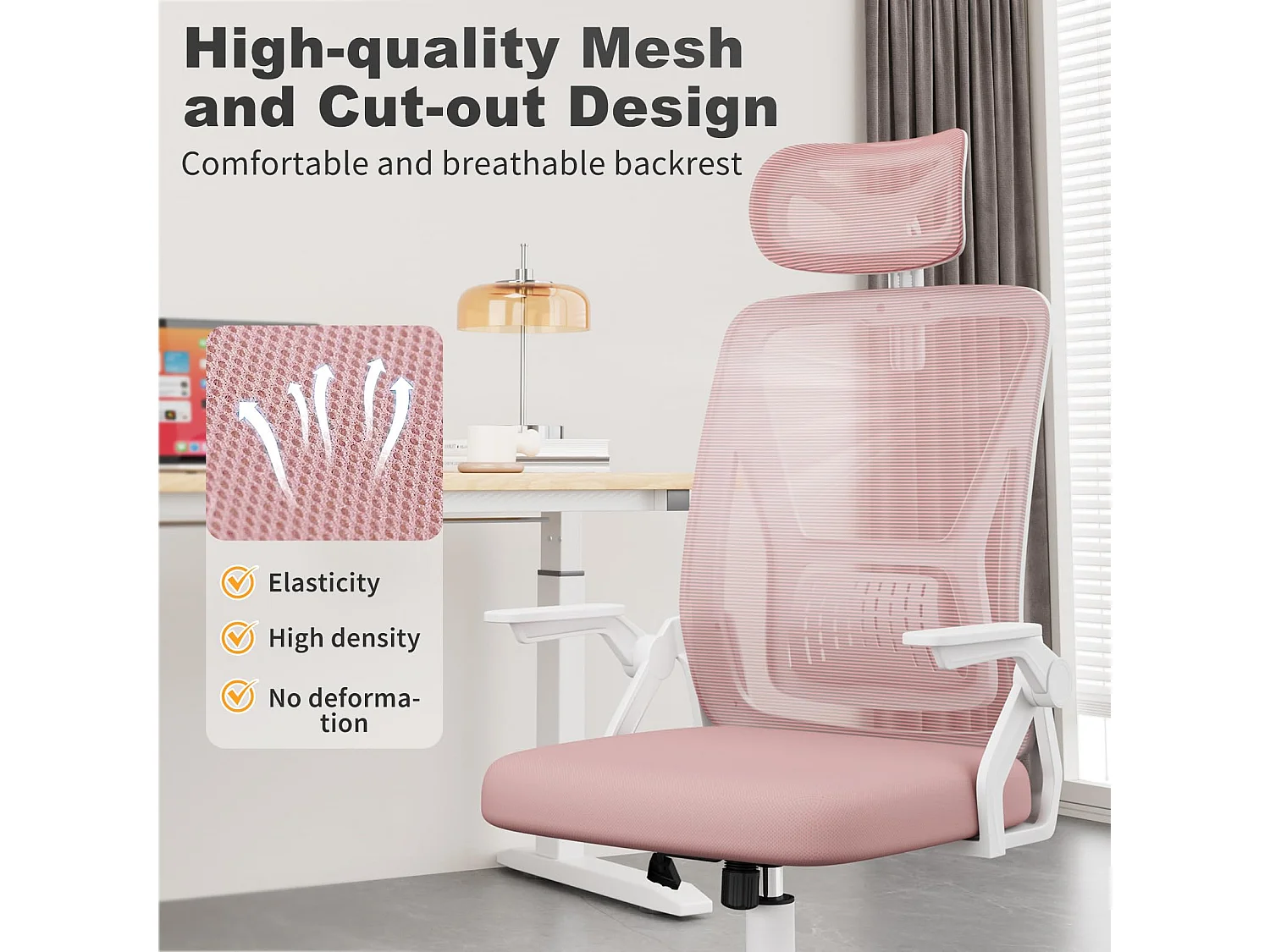 Chaise de bureau à dossier haut en maille, avec appui-tête réglable, accoudoirs rabattables et fonction basculante, pour le travail et les études