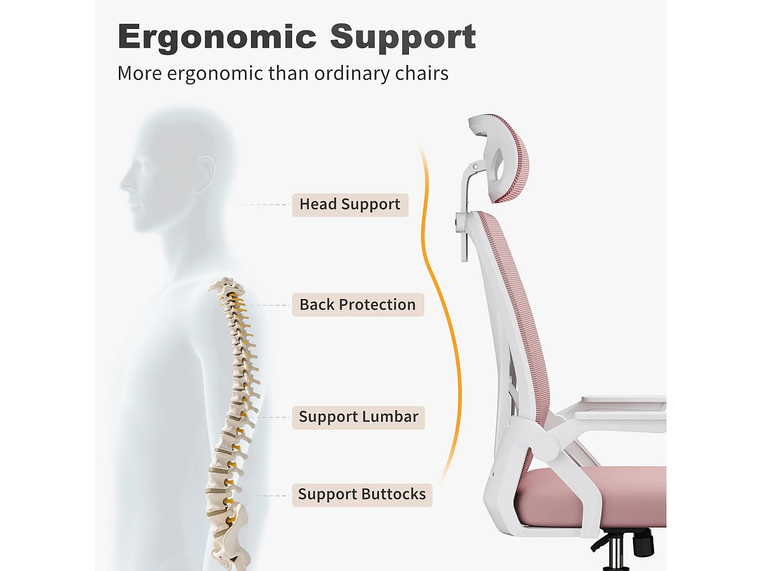 Chaise de bureau à dossier haut en maille, avec appui-tête réglable, accoudoirs rabattables et fonction basculante, pour le travail et les études