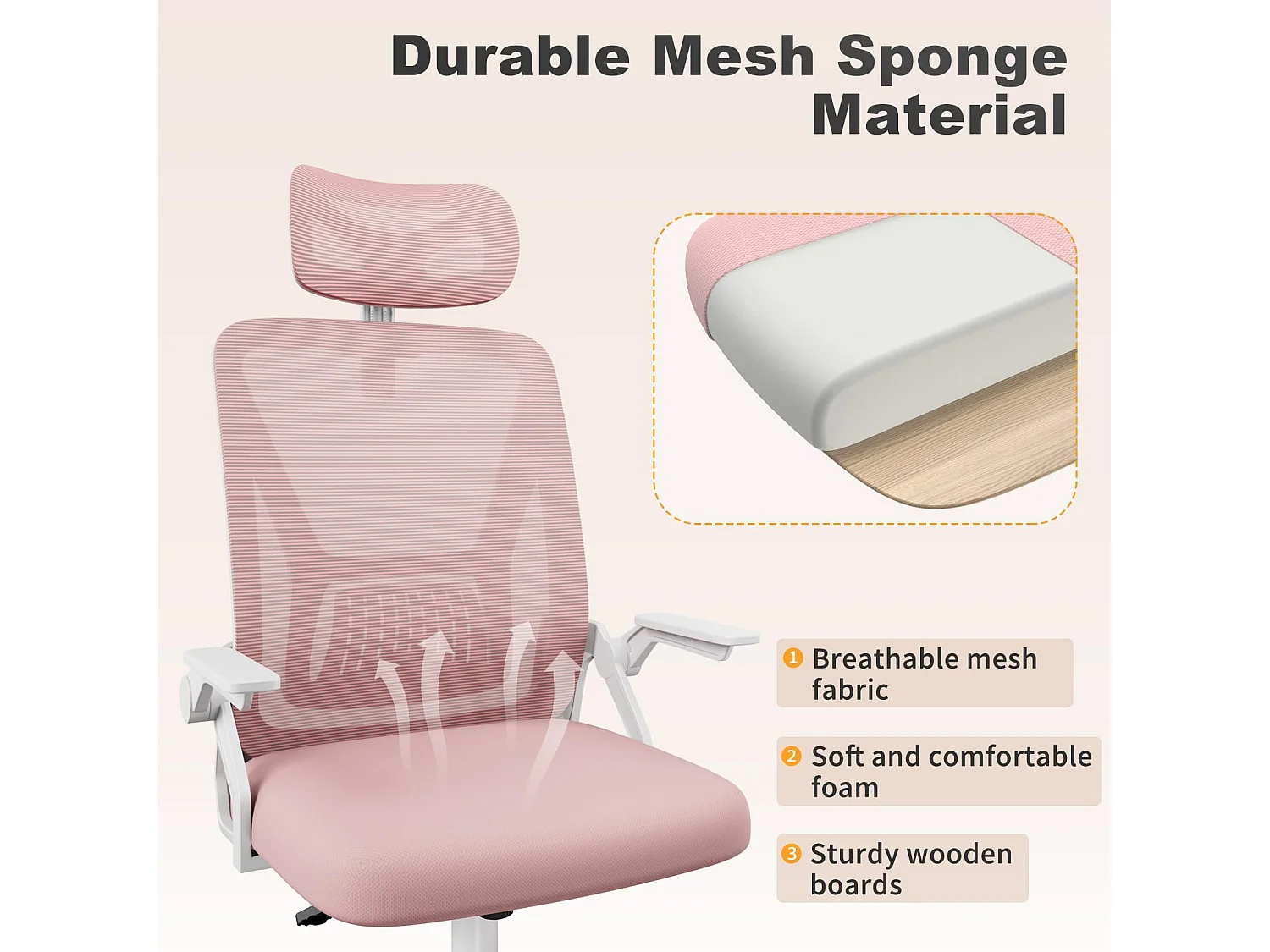 Chaise de bureau à dossier haut en maille, avec appui-tête réglable, accoudoirs rabattables et fonction basculante, pour le travail et les études