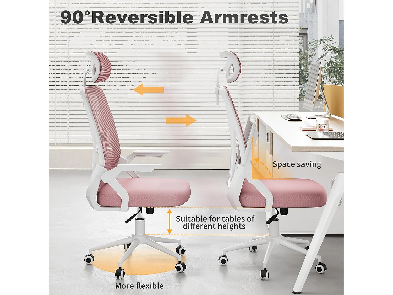 Chaise de bureau à dossier haut en maille, avec appui-tête réglable, accoudoirs rabattables et fonction basculante, pour le travail et les études