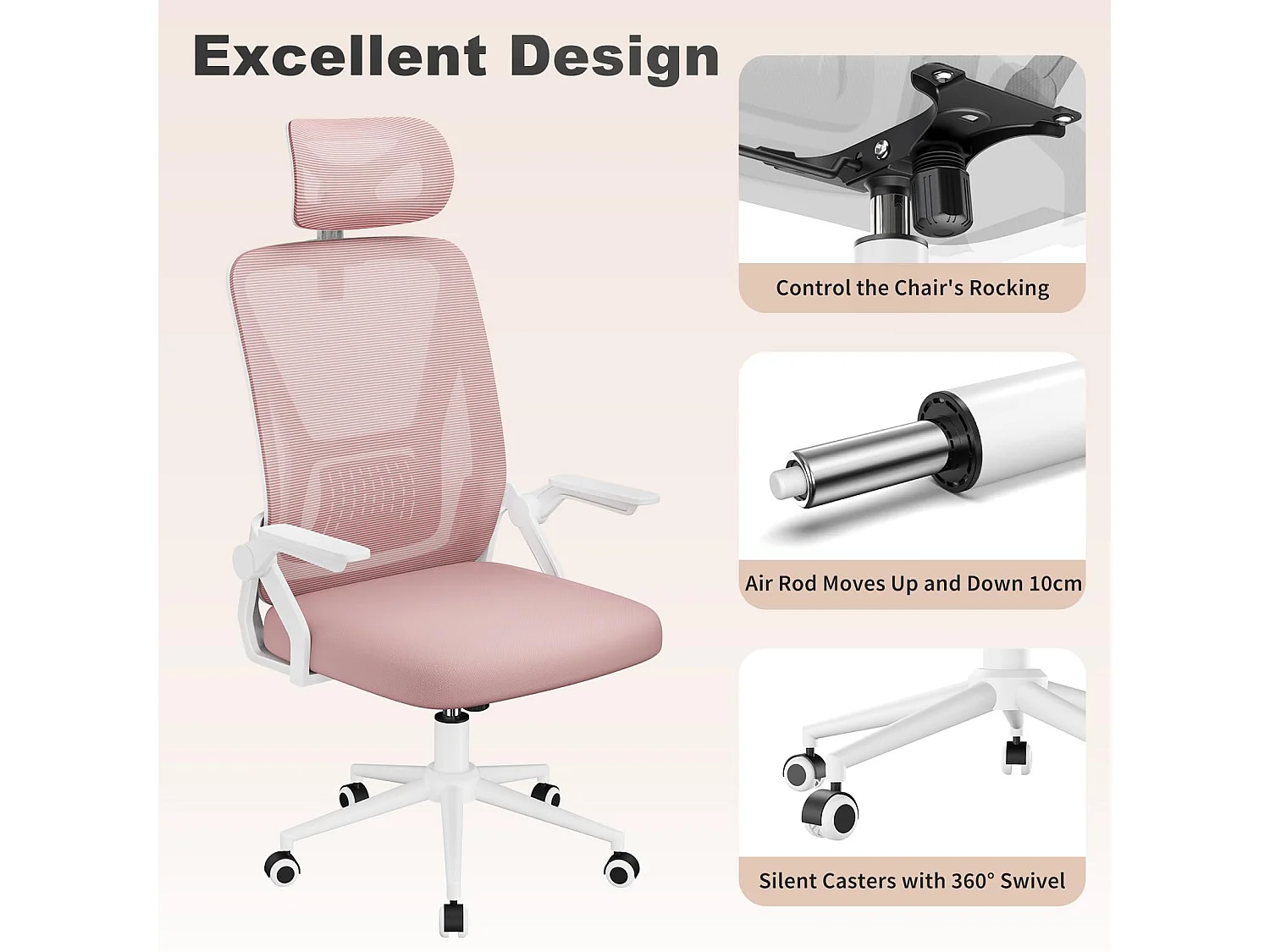 Chaise de bureau à dossier haut en maille, avec appui-tête réglable, accoudoirs rabattables et fonction basculante, pour le travail et les études