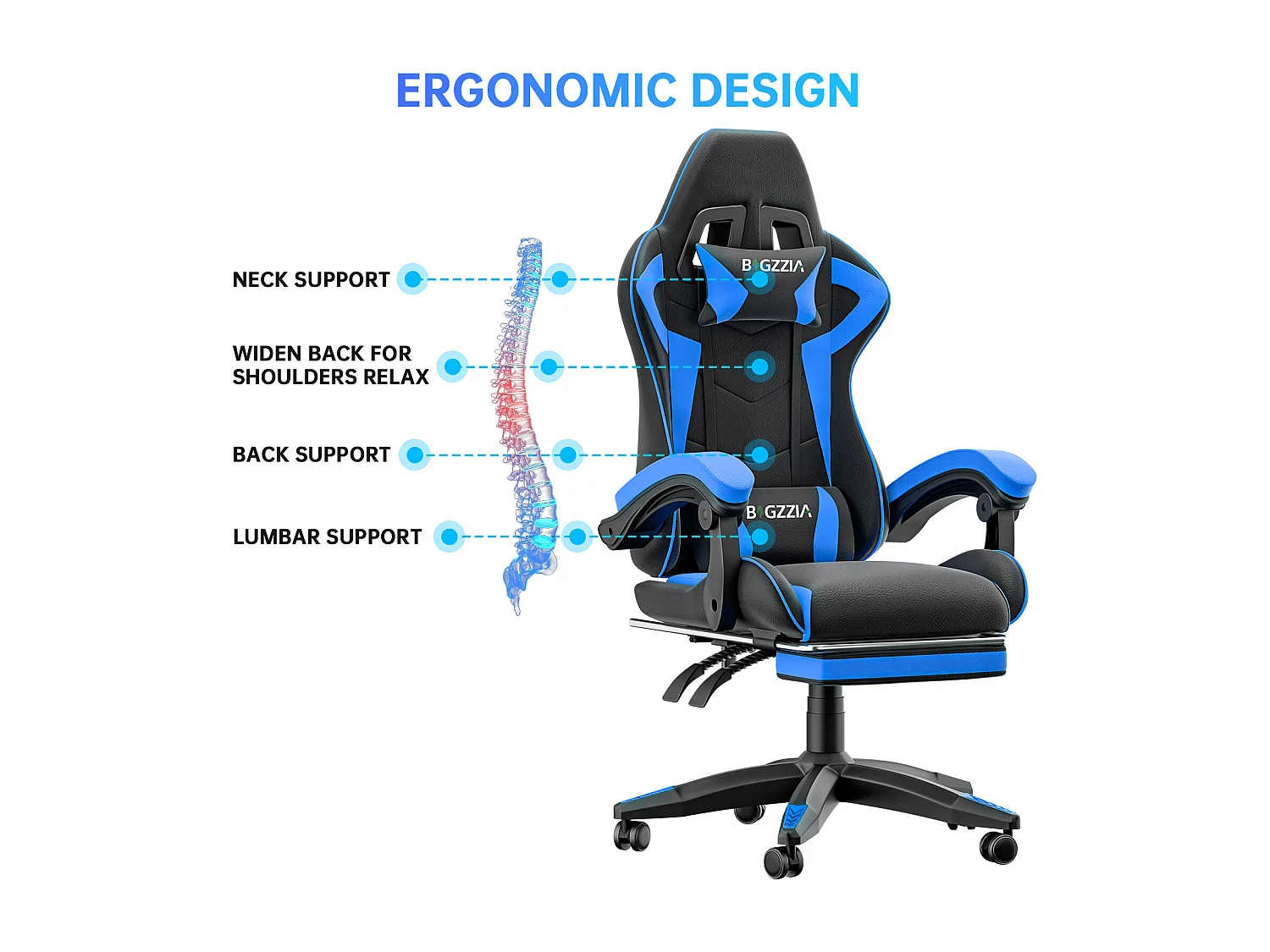 Rattantree Fauteuil de gaming réglable en hauteur avec repose-pieds et coussin lombaire