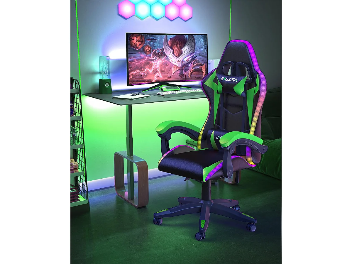 Rattantree Fauteuil de jeu ergonomique avec effets lumineux LED, dossier réglable en hauteur avec soutien lombaire et appui-tête