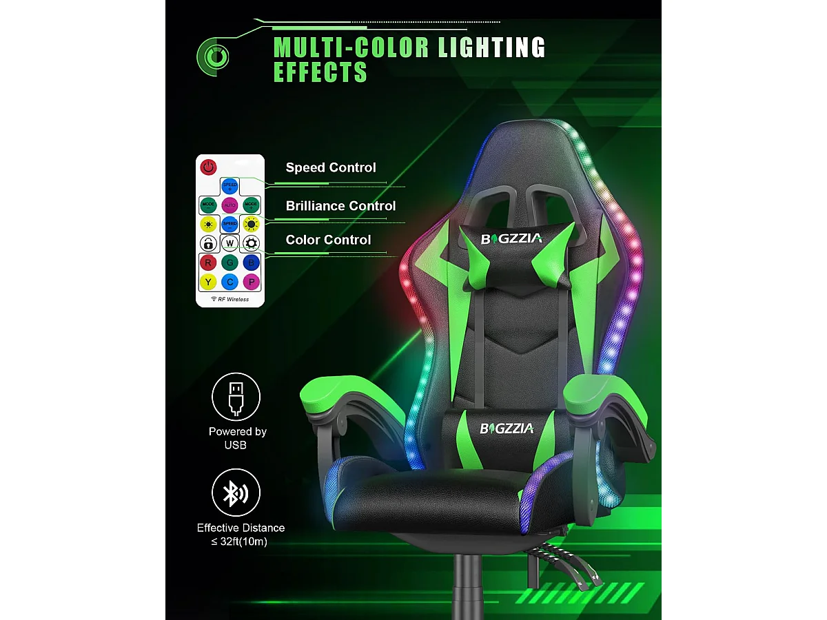Rattantree Fauteuil de jeu ergonomique avec effets lumineux LED, dossier réglable en hauteur avec soutien lombaire et appui-tête