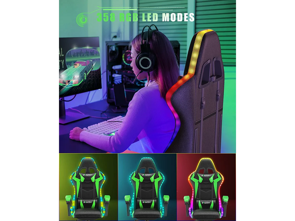 Rattantree Fauteuil de jeu ergonomique avec effets lumineux LED, dossier réglable en hauteur avec soutien lombaire et appui-tête
