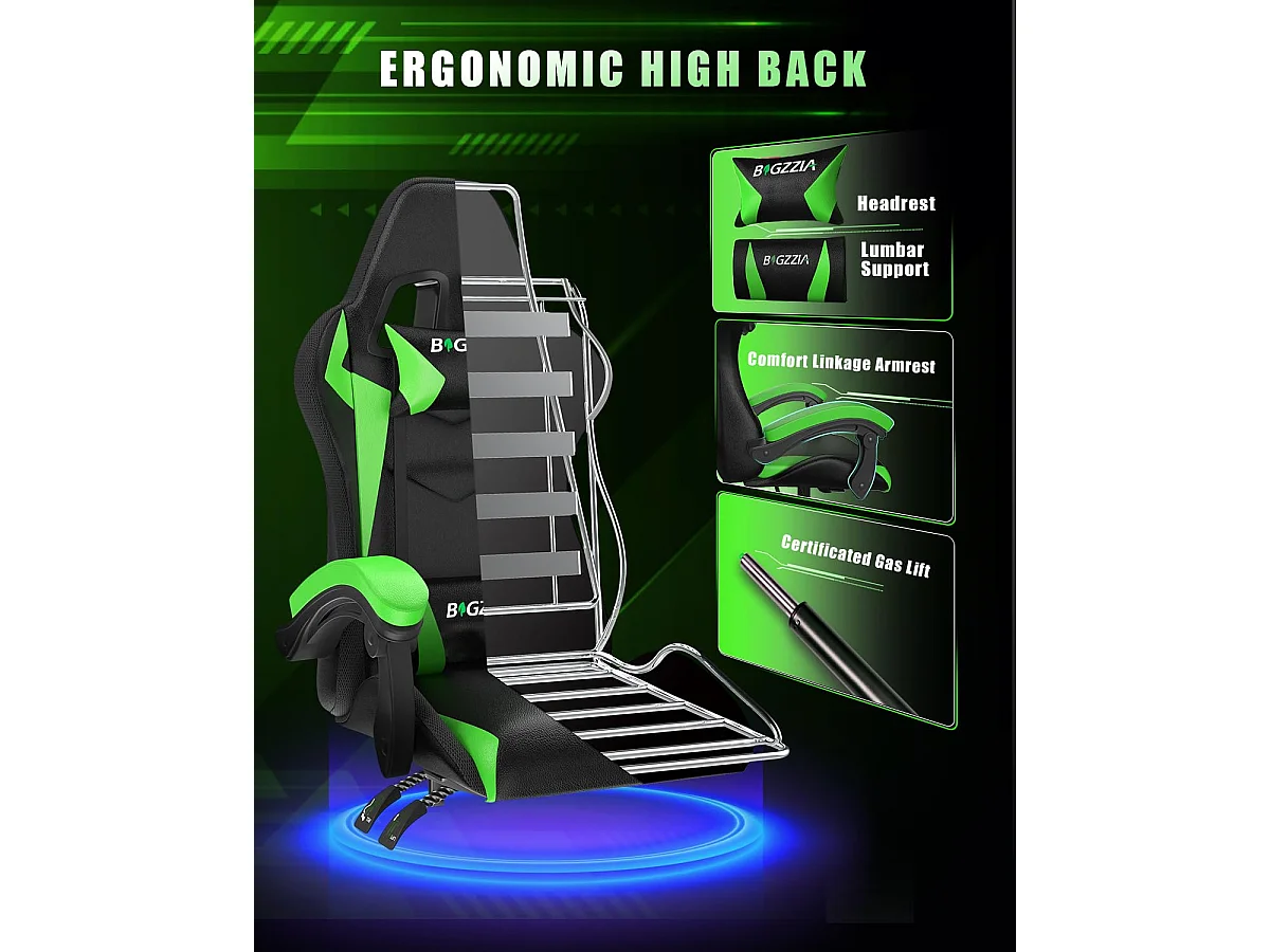 Rattantree Fauteuil de jeu ergonomique avec effets lumineux LED, dossier réglable en hauteur avec soutien lombaire et appui-tête