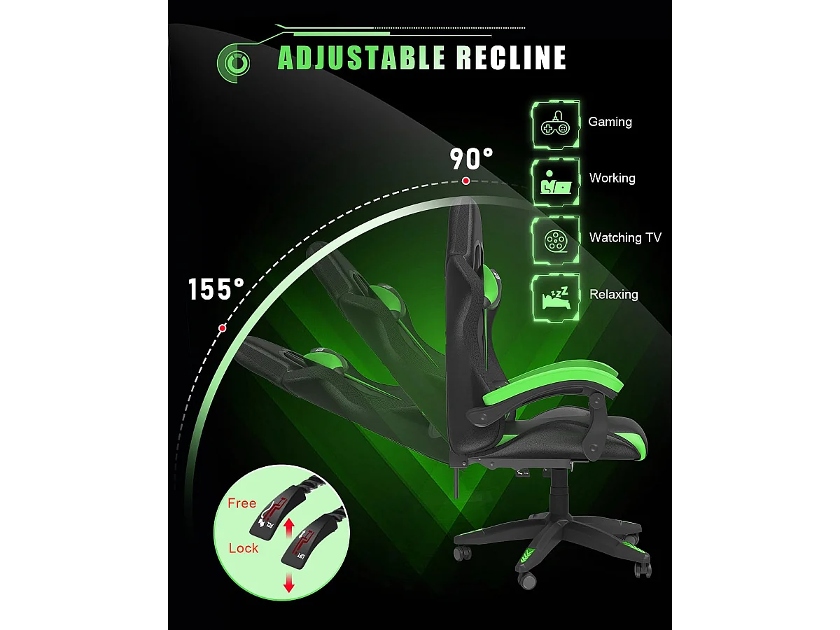 Rattantree Fauteuil de jeu ergonomique avec effets lumineux LED, dossier réglable en hauteur avec soutien lombaire et appui-tête