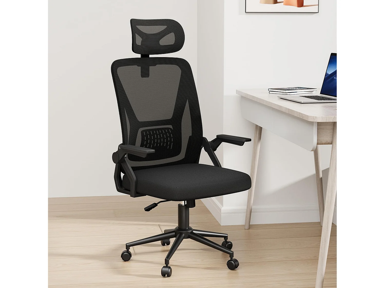 Chaise de bureau à dossier haut en maille, avec appui-tête réglable, accoudoirs rabattables et fonction basculante, pour le travail et les études