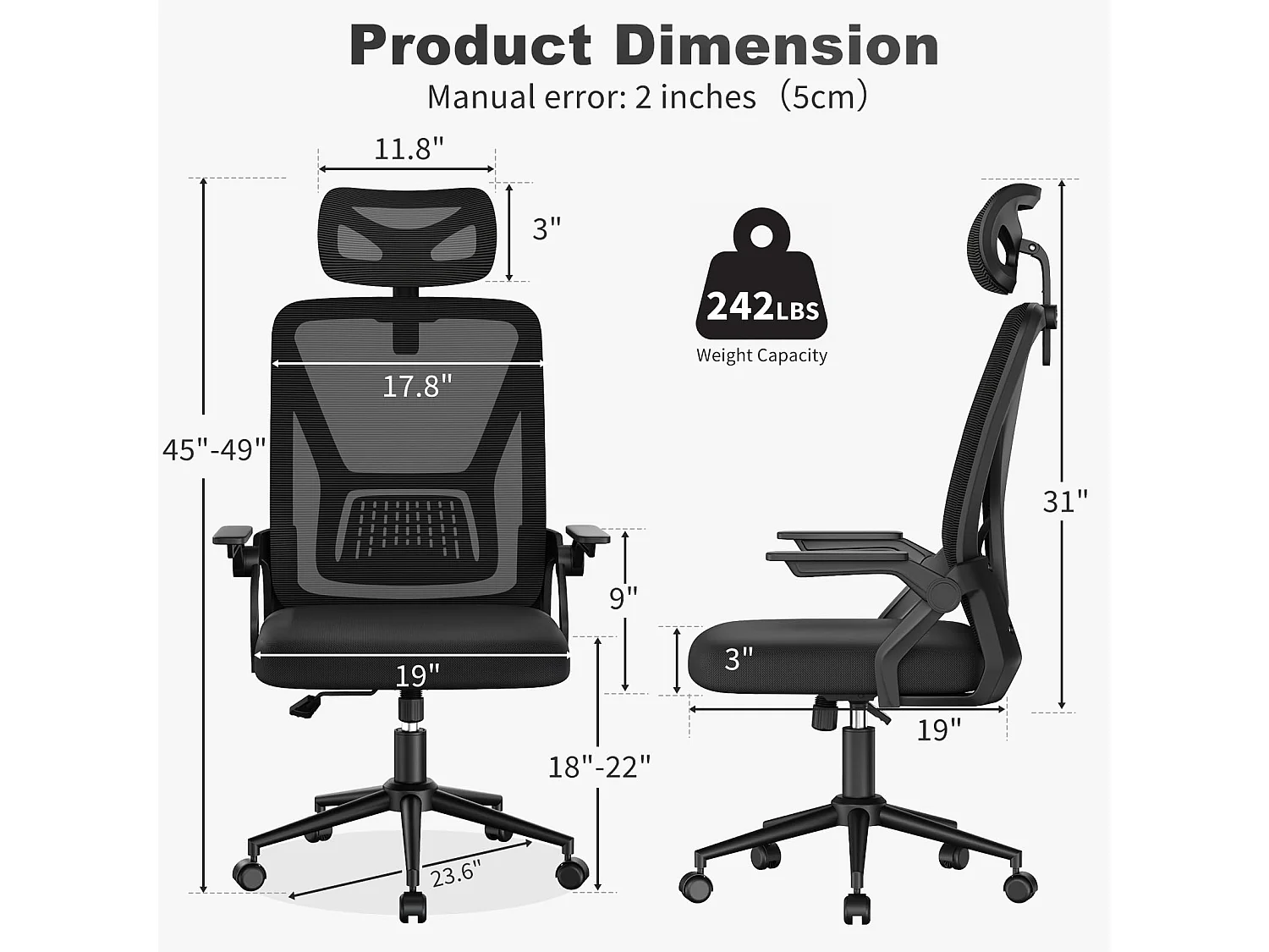 Chaise de bureau à dossier haut en maille, avec appui-tête réglable, accoudoirs rabattables et fonction basculante, pour le travail et les études