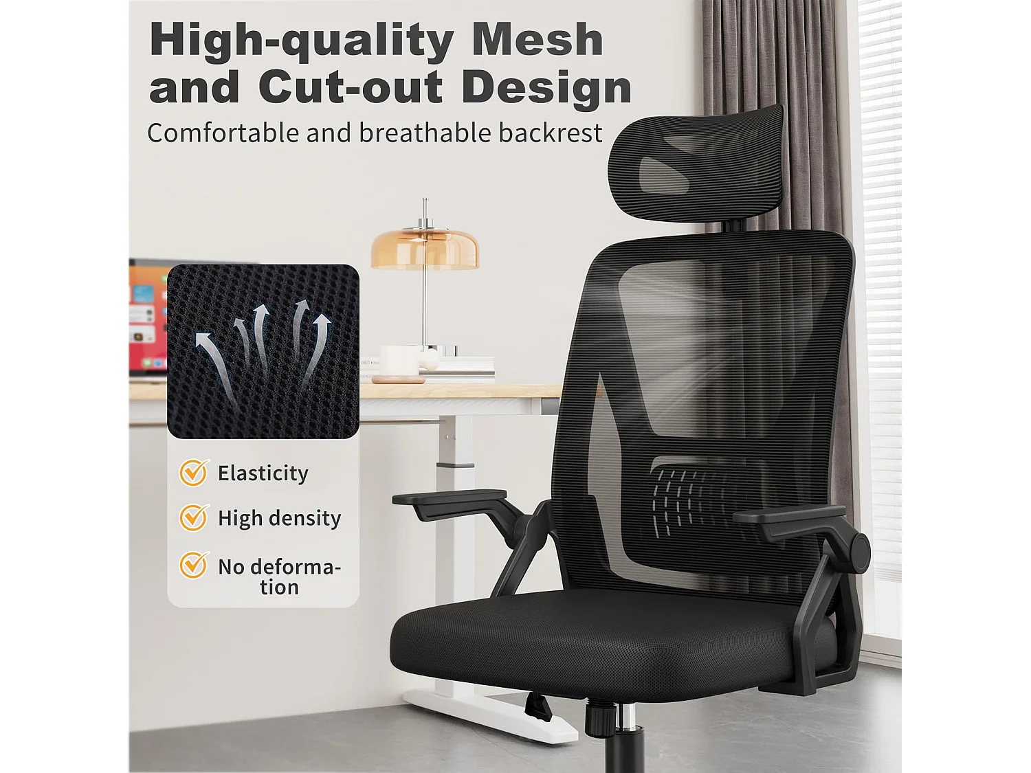 Chaise de bureau à dossier haut en maille, avec appui-tête réglable, accoudoirs rabattables et fonction basculante, pour le travail et les études