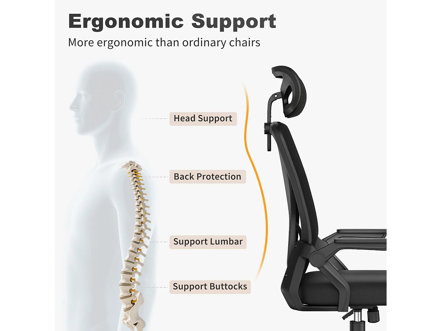Chaise de bureau à dossier haut en maille, avec appui-tête réglable, accoudoirs rabattables et fonction basculante, pour le travail et les études