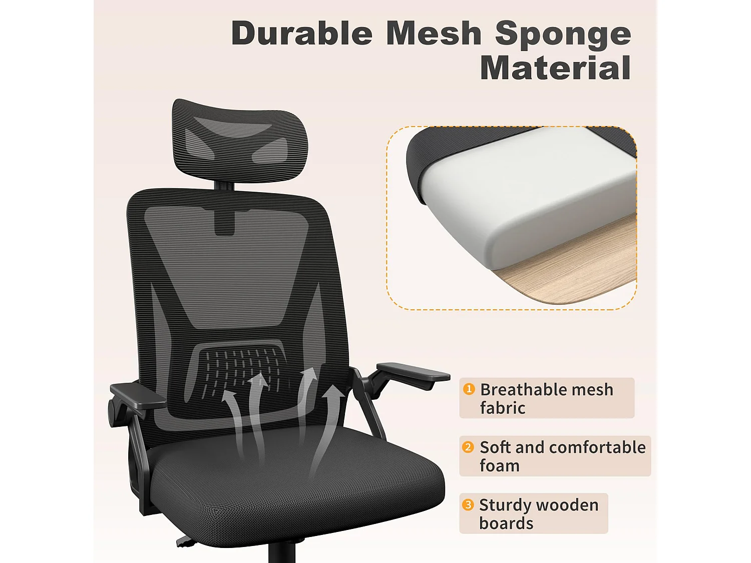 Chaise de bureau à dossier haut en maille, avec appui-tête réglable, accoudoirs rabattables et fonction basculante, pour le travail et les études